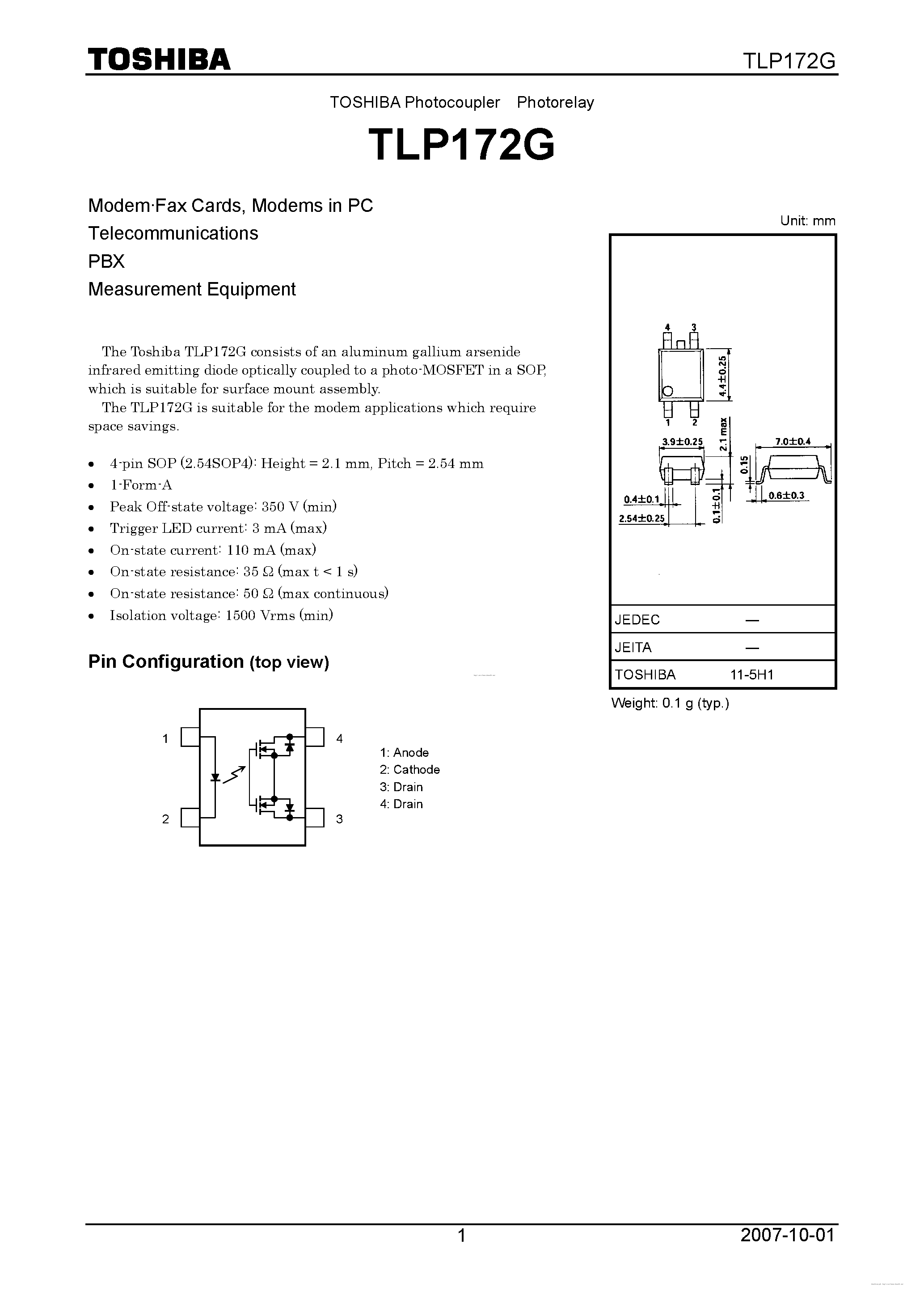 Datasheet TLP172G page 1 Datasheet TLP172G - page 1