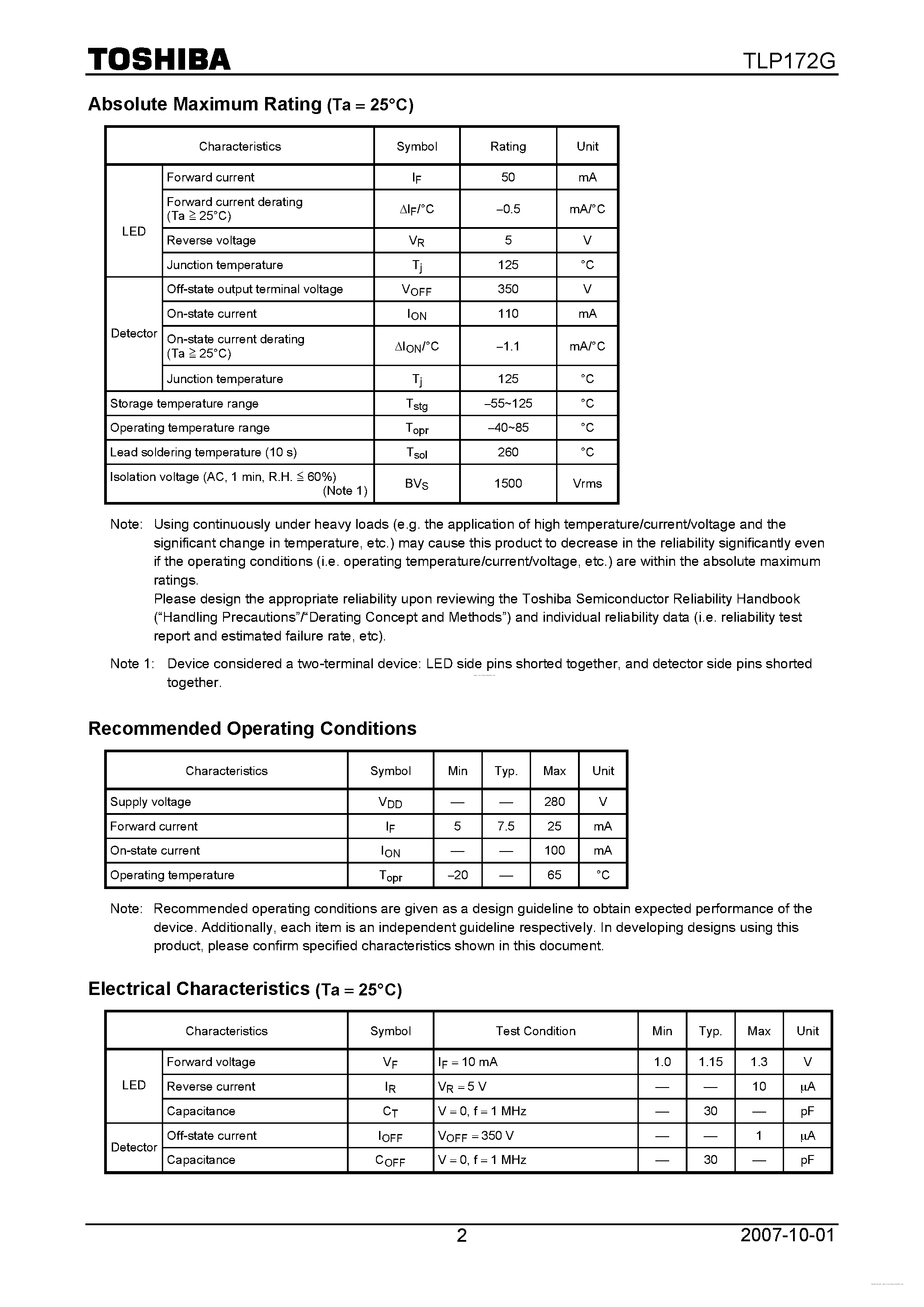 Datasheet TLP172G page 2 Datasheet TLP172G - page 2