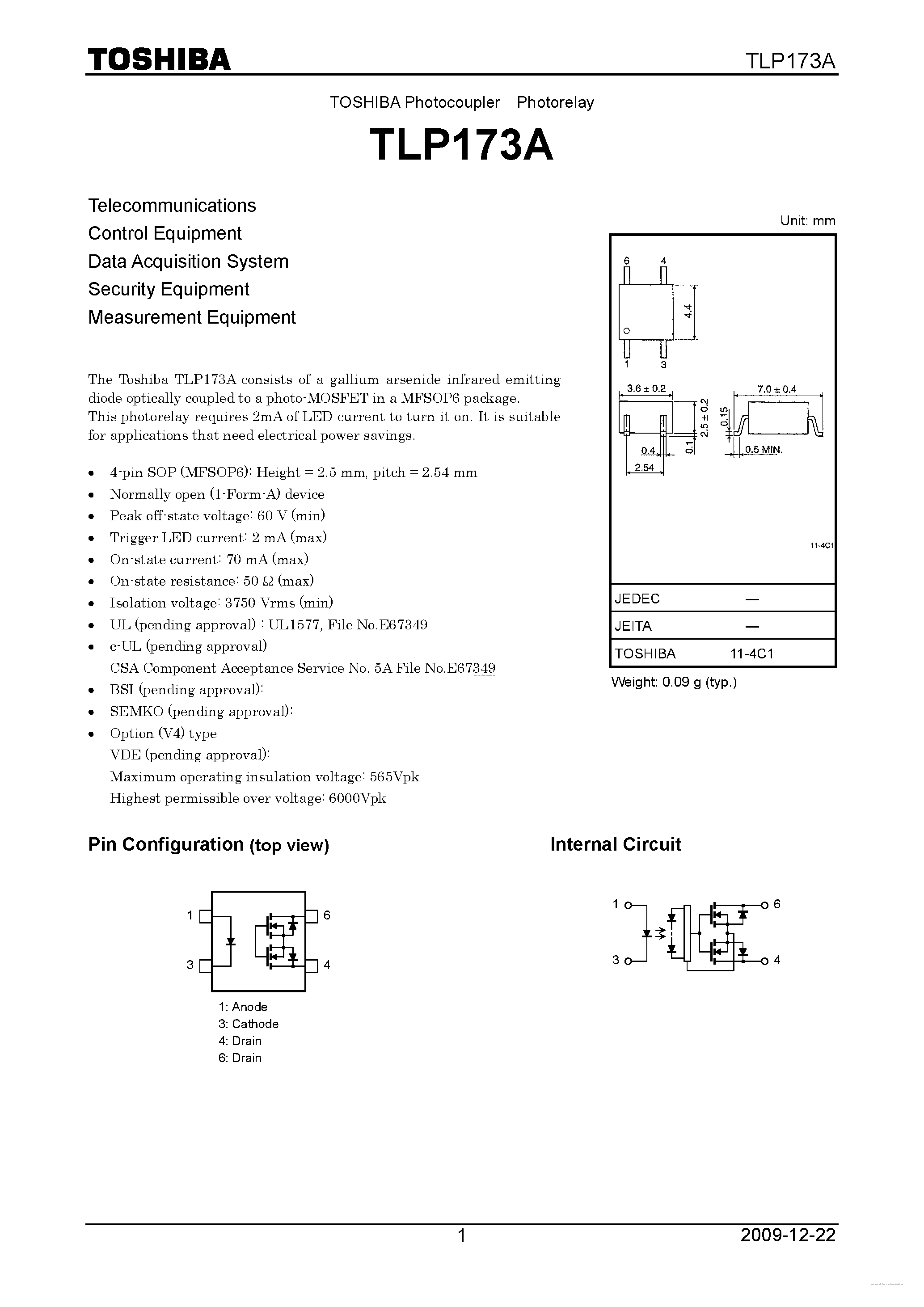Datasheet TLP173A page 1 Datasheet TLP173A - page 1