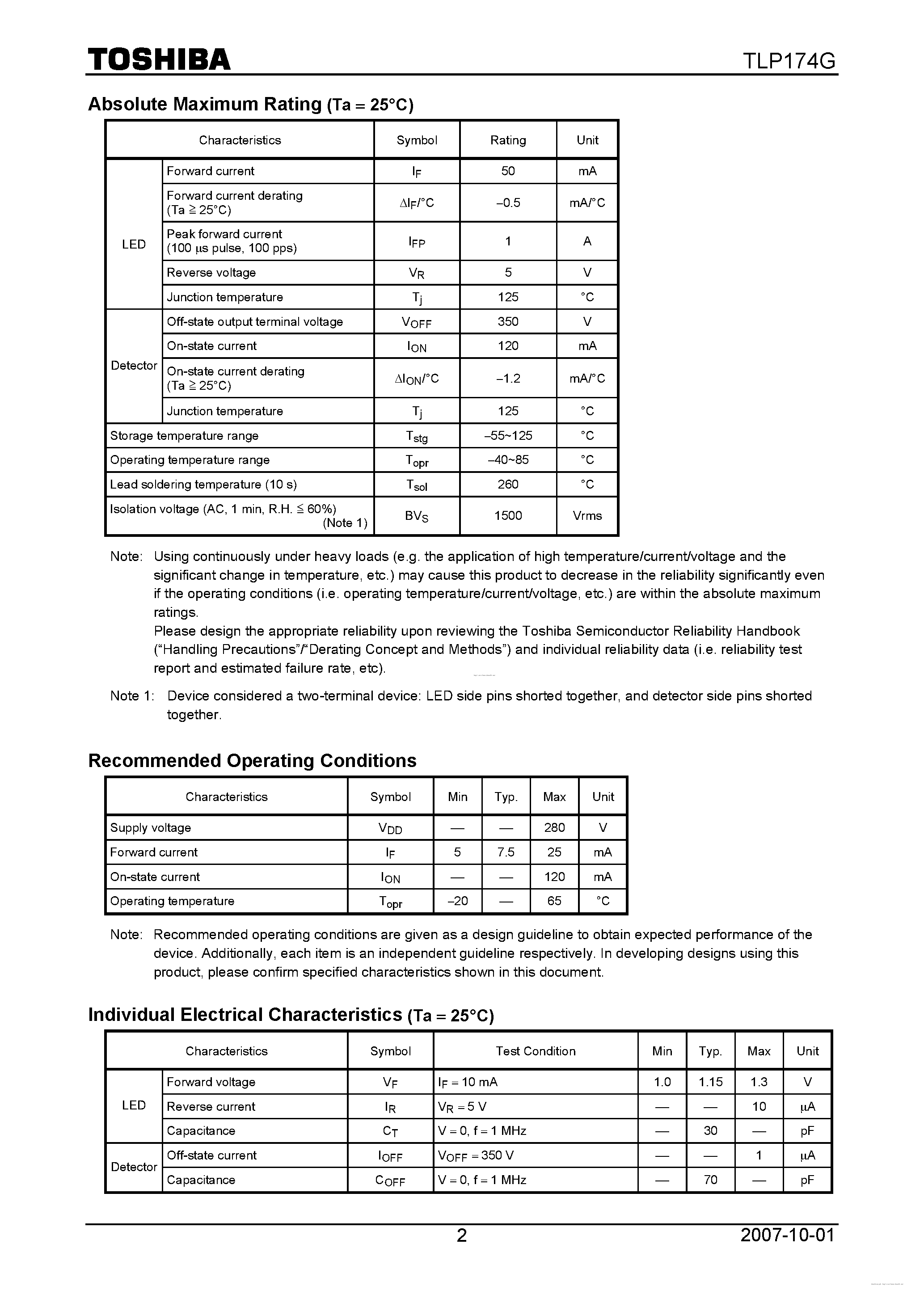 Datasheet TLP174G page 2 Datasheet TLP174G - page 2