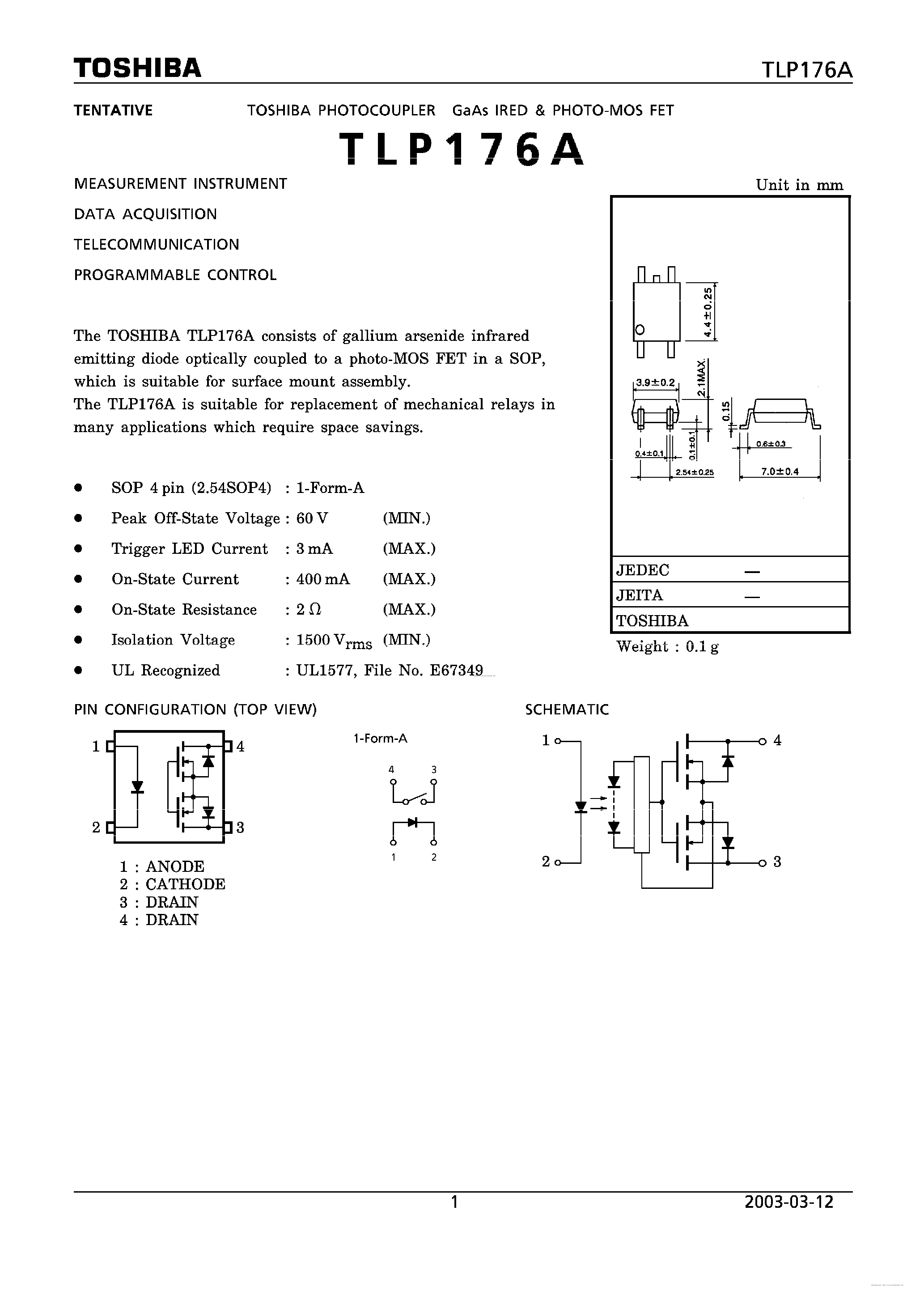 Datasheet TLP176A page 1 Datasheet TLP176A - page 1