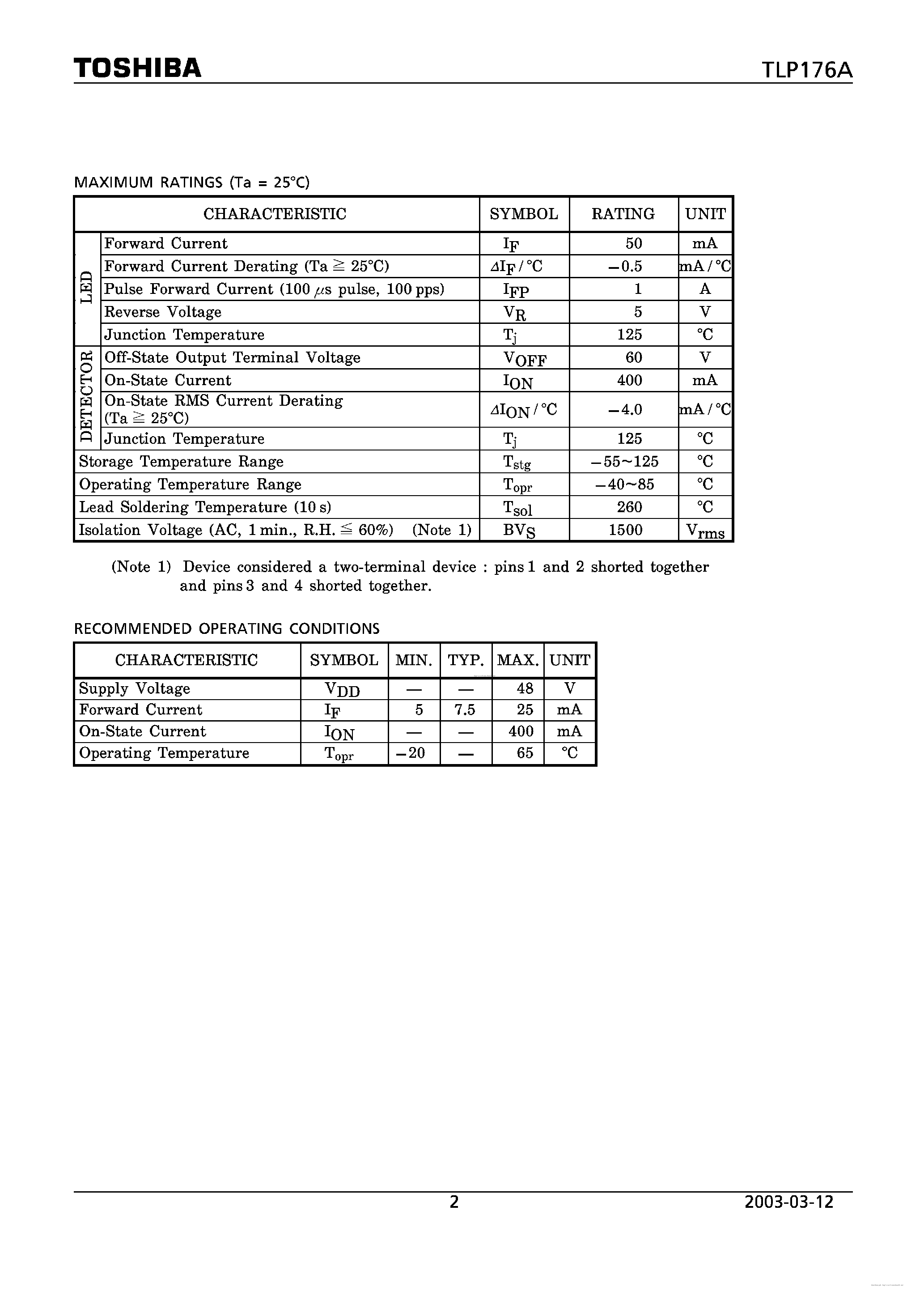 Datasheet TLP176A page 2 Datasheet TLP176A - page 2