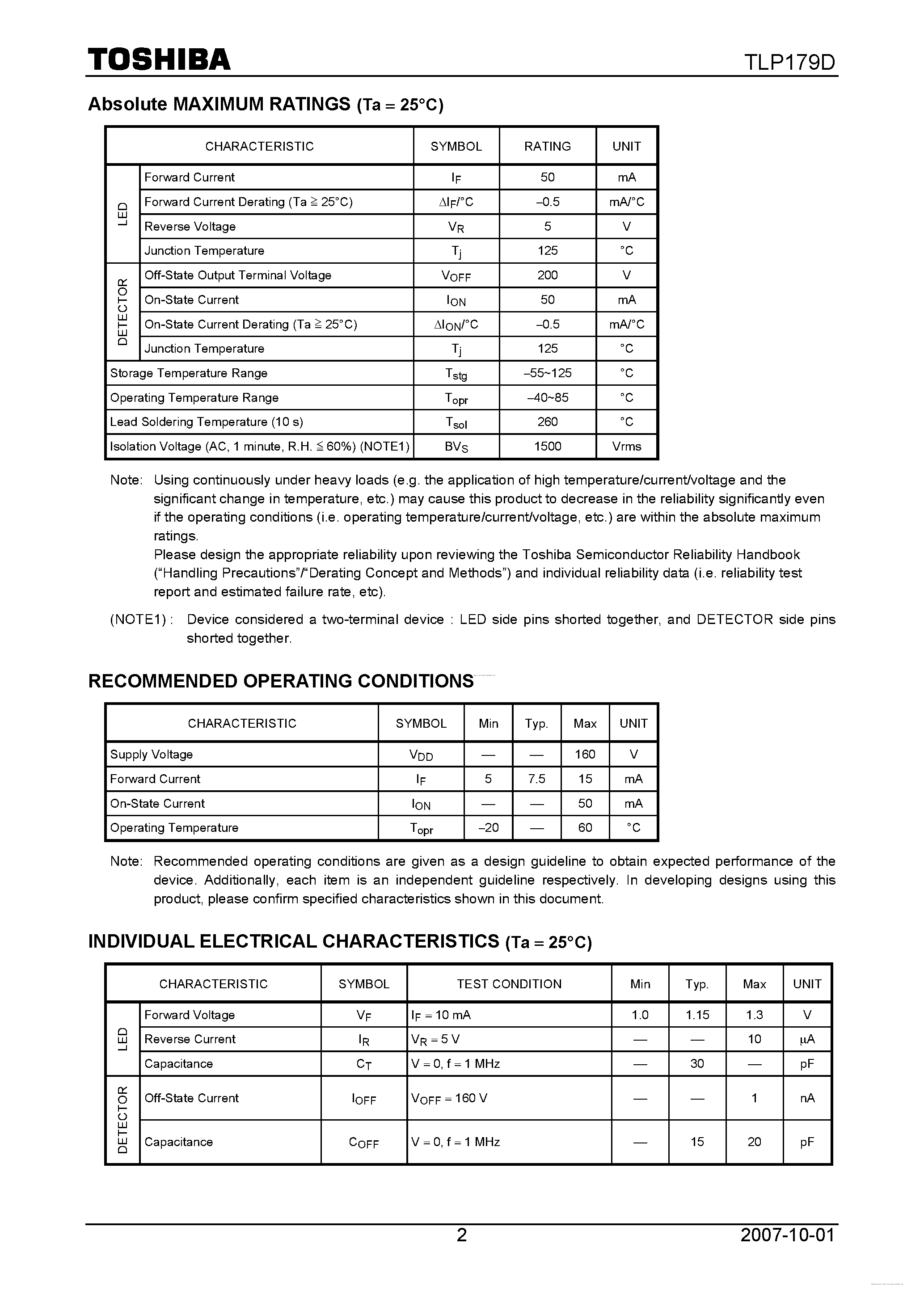 Datasheet TLP179D page 2 Datasheet TLP179D - page 2
