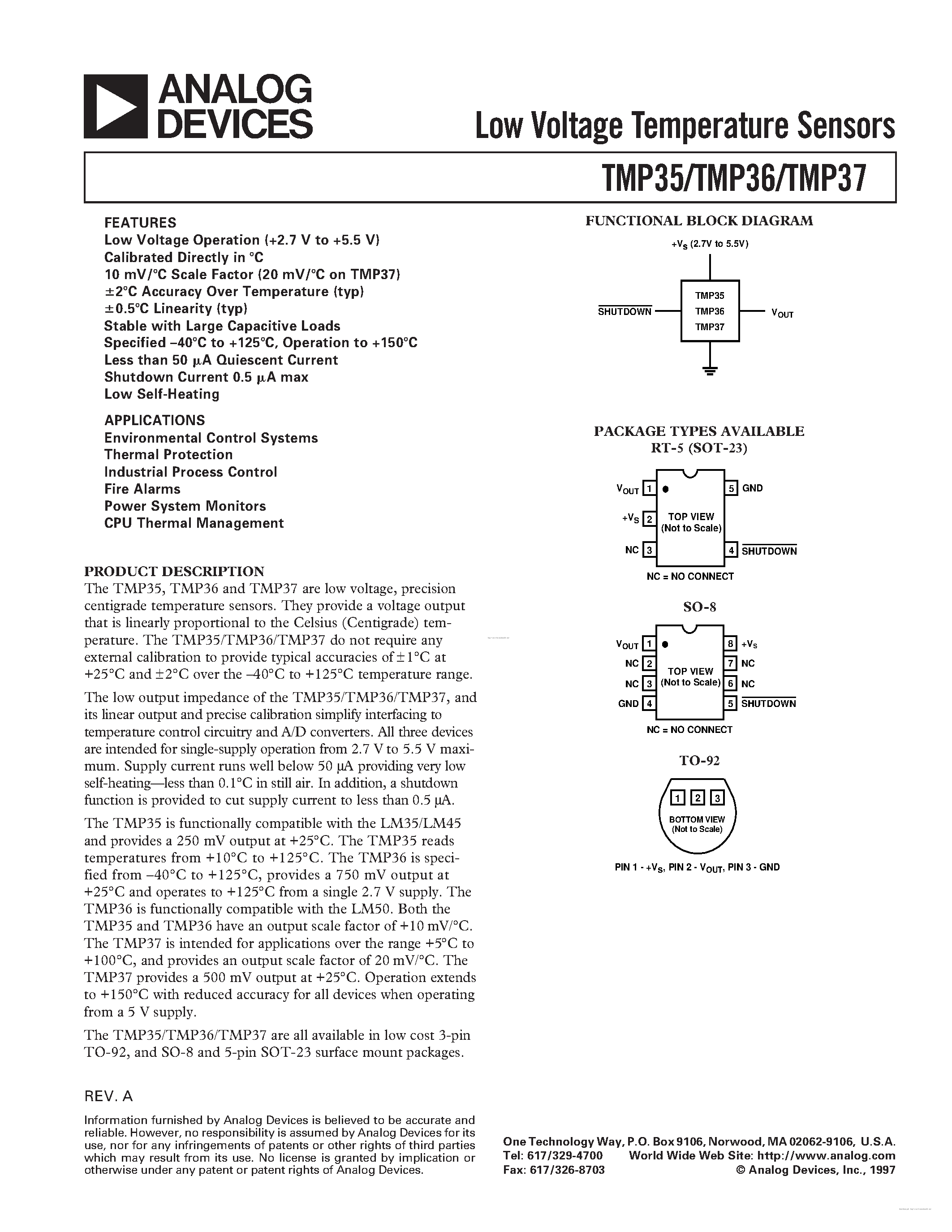 Даташит на микросхему TMP35 страница 1 Даташит TMP35 - (TMP35 - TMP37) Low Voltage Temperature Sensors страница 1