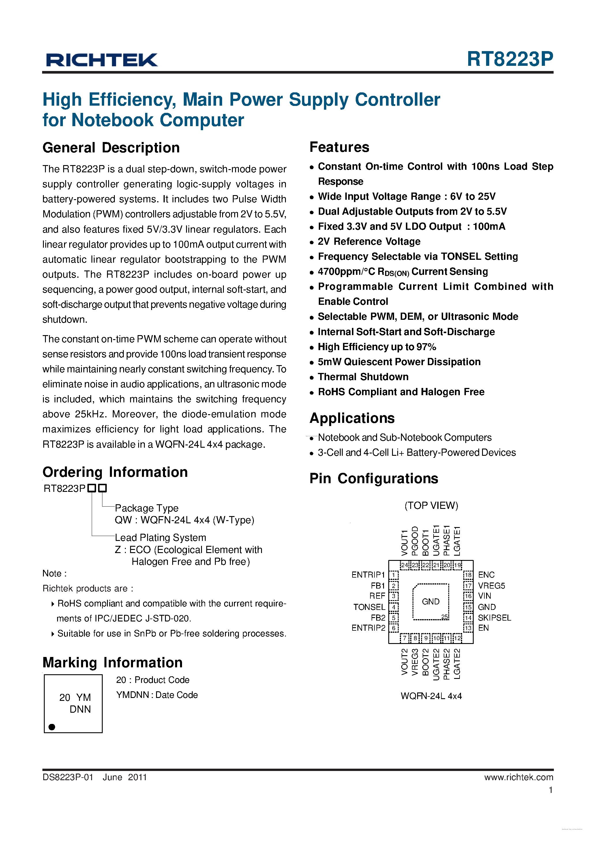 Даташит на микросхему RT8223P страница 1 Даташит RT8223P - страница 1