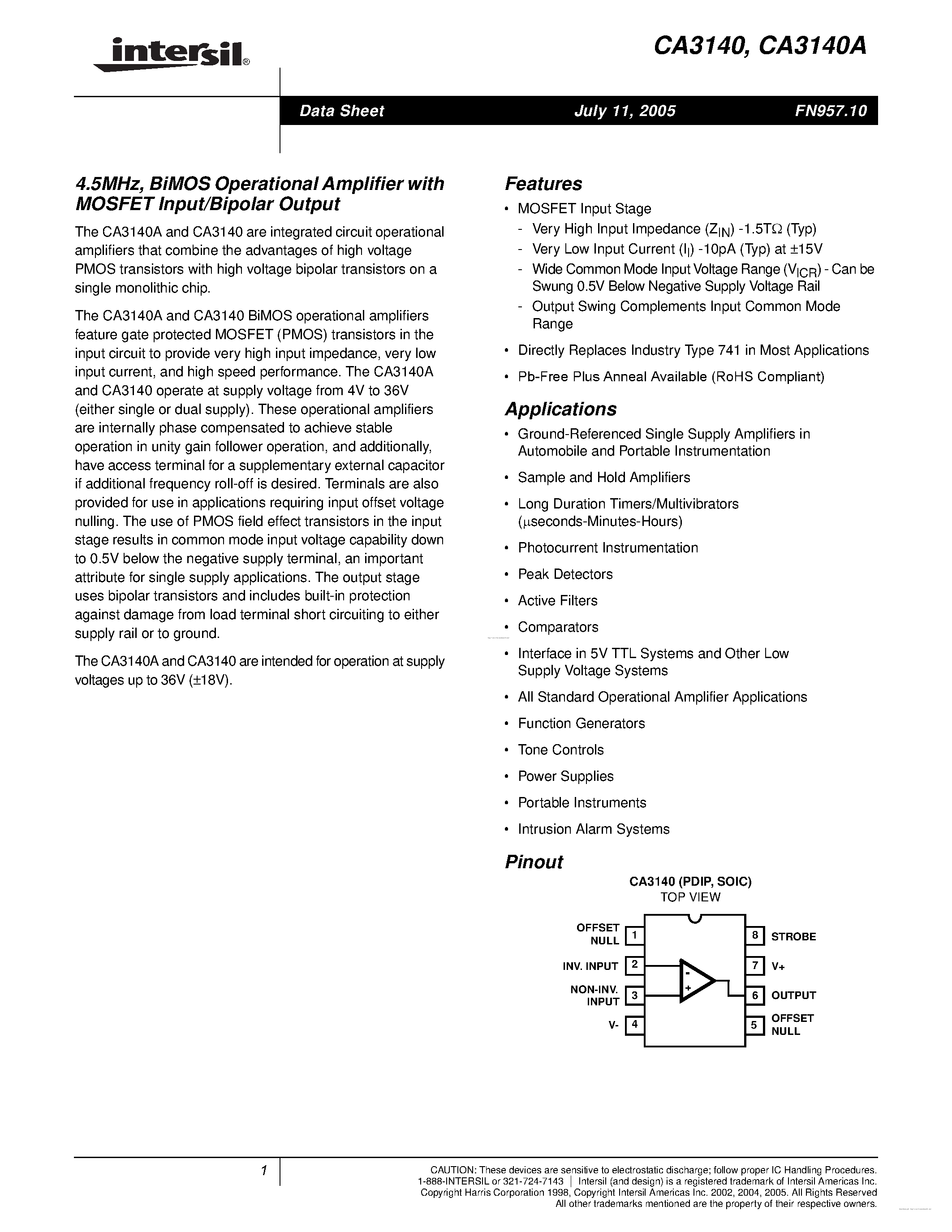 Даташит CA3140 - BiMOS Operational Amplifier страница 1