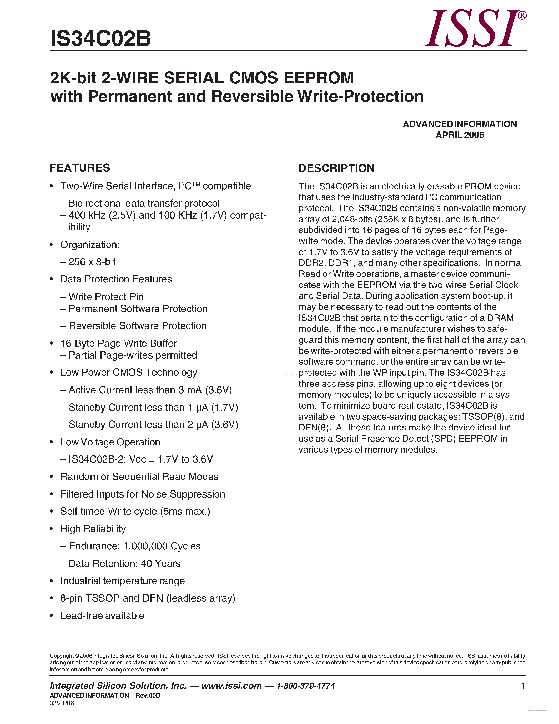 Даташит IS34C02B - 2K-bit 2-WIRE SERIAL CMOS EEPROM страница 1