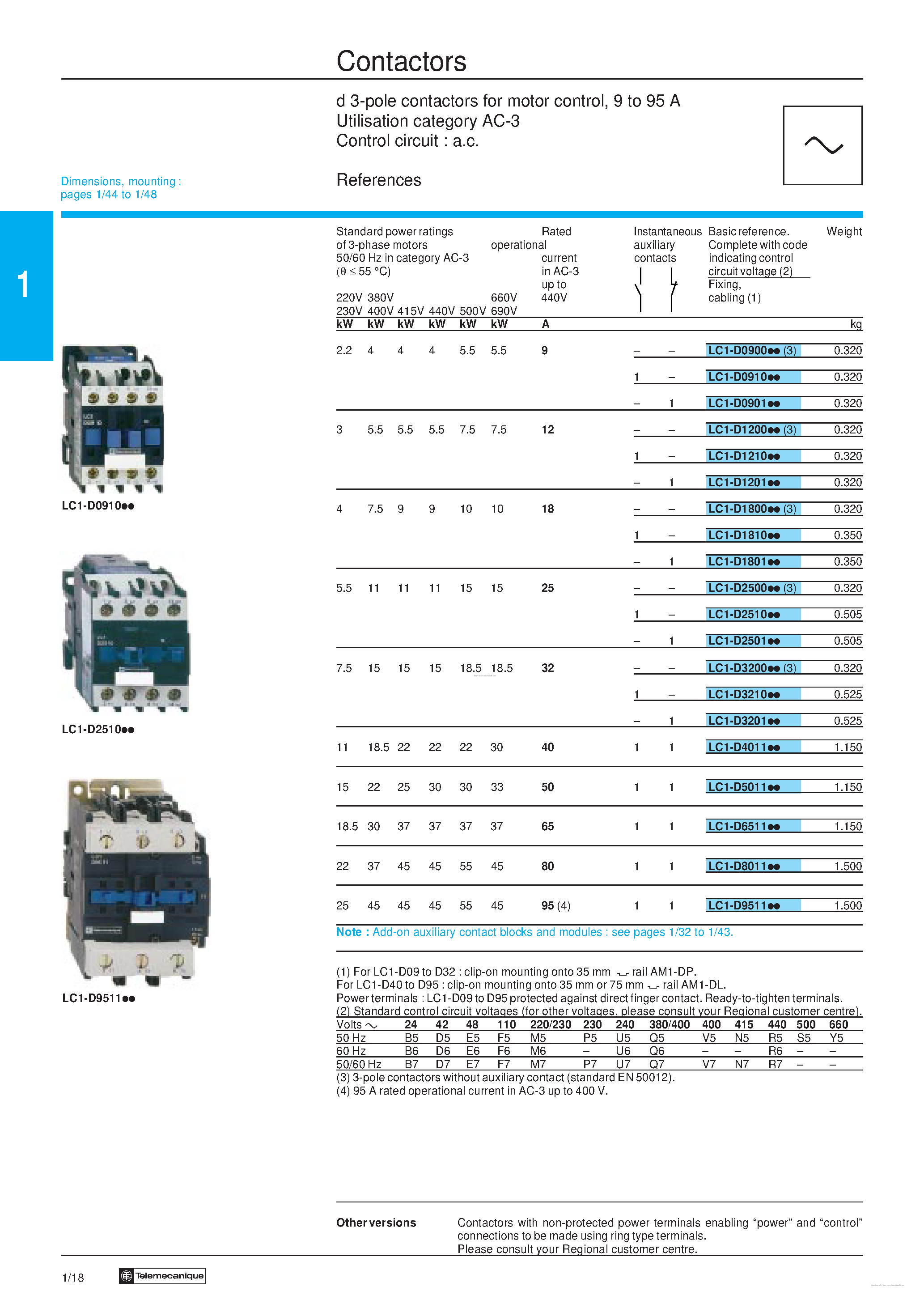 Даташит LC1-D0900xx - Contactors страница 1