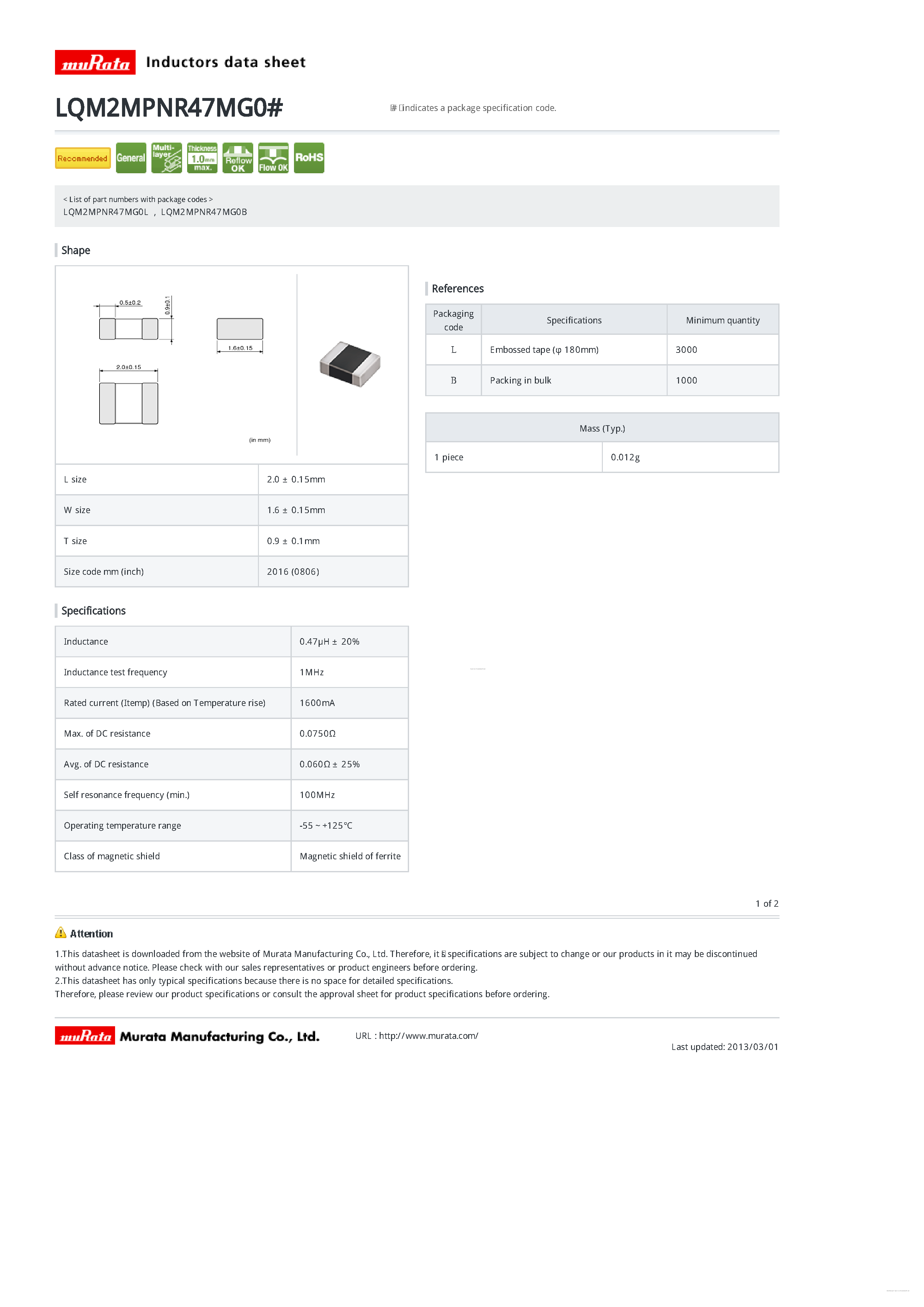 Datasheet LQM2MPNR47MG0B - Chip Coils L page 1