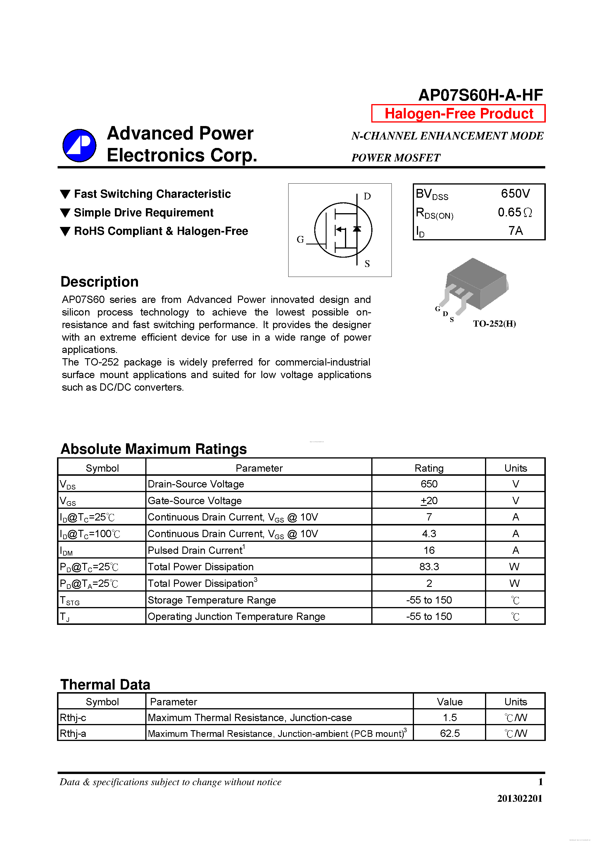Datasheet AP07S60H-A-HF - page 1