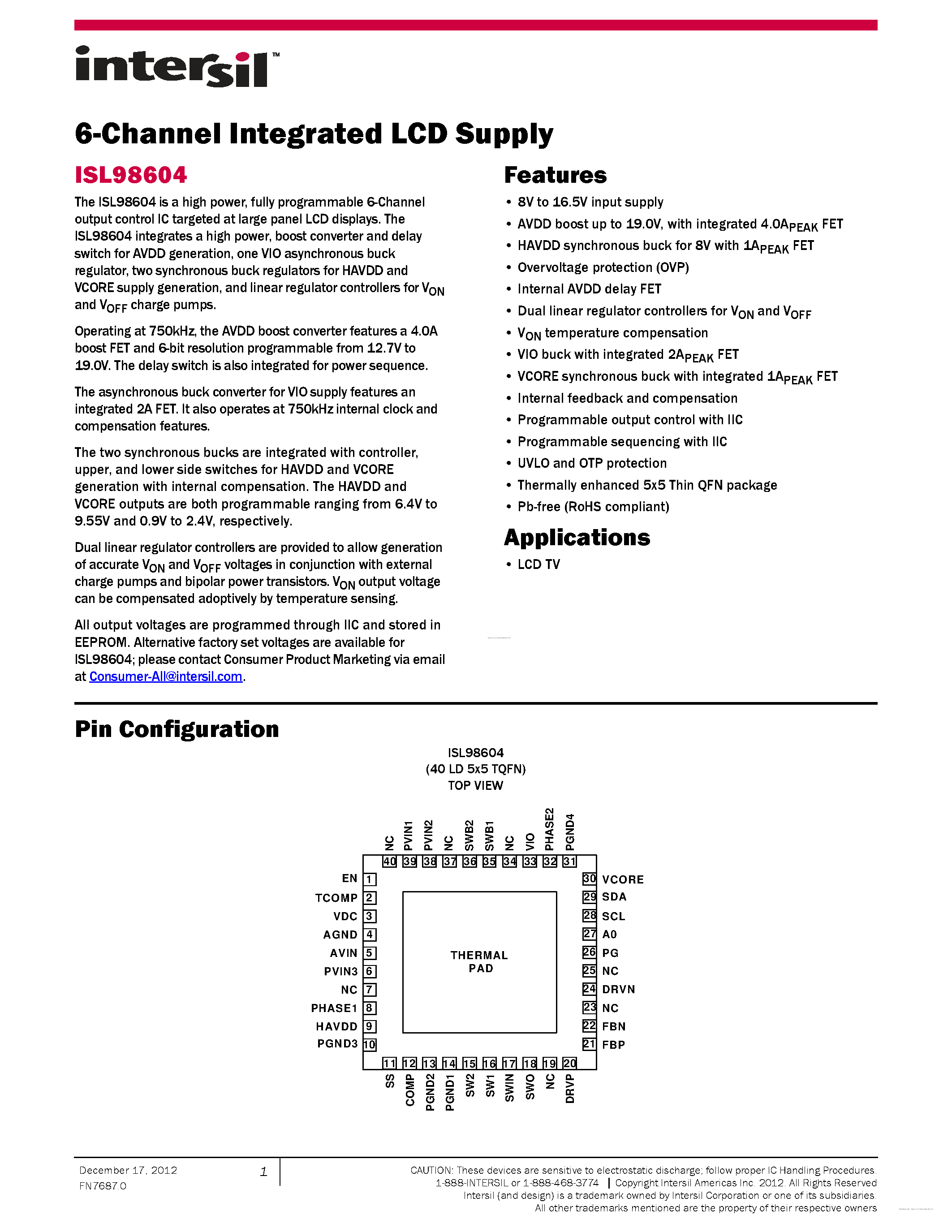 Datasheet ISL98604 - page 1