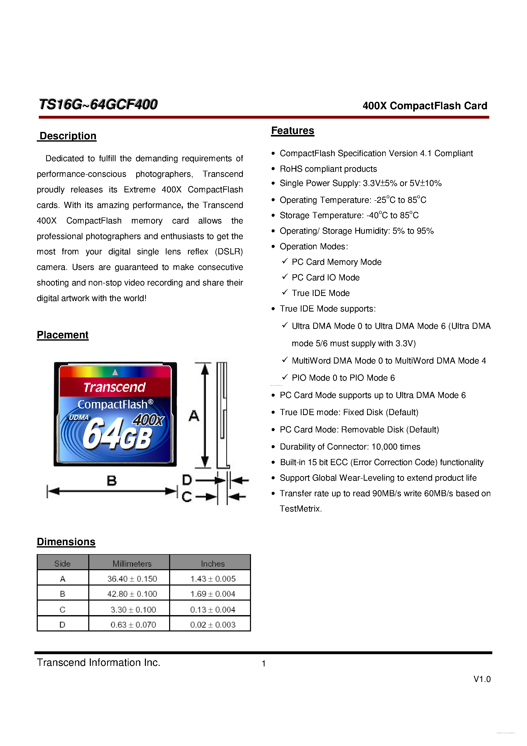 Datasheet TS32GCF400 - page 1