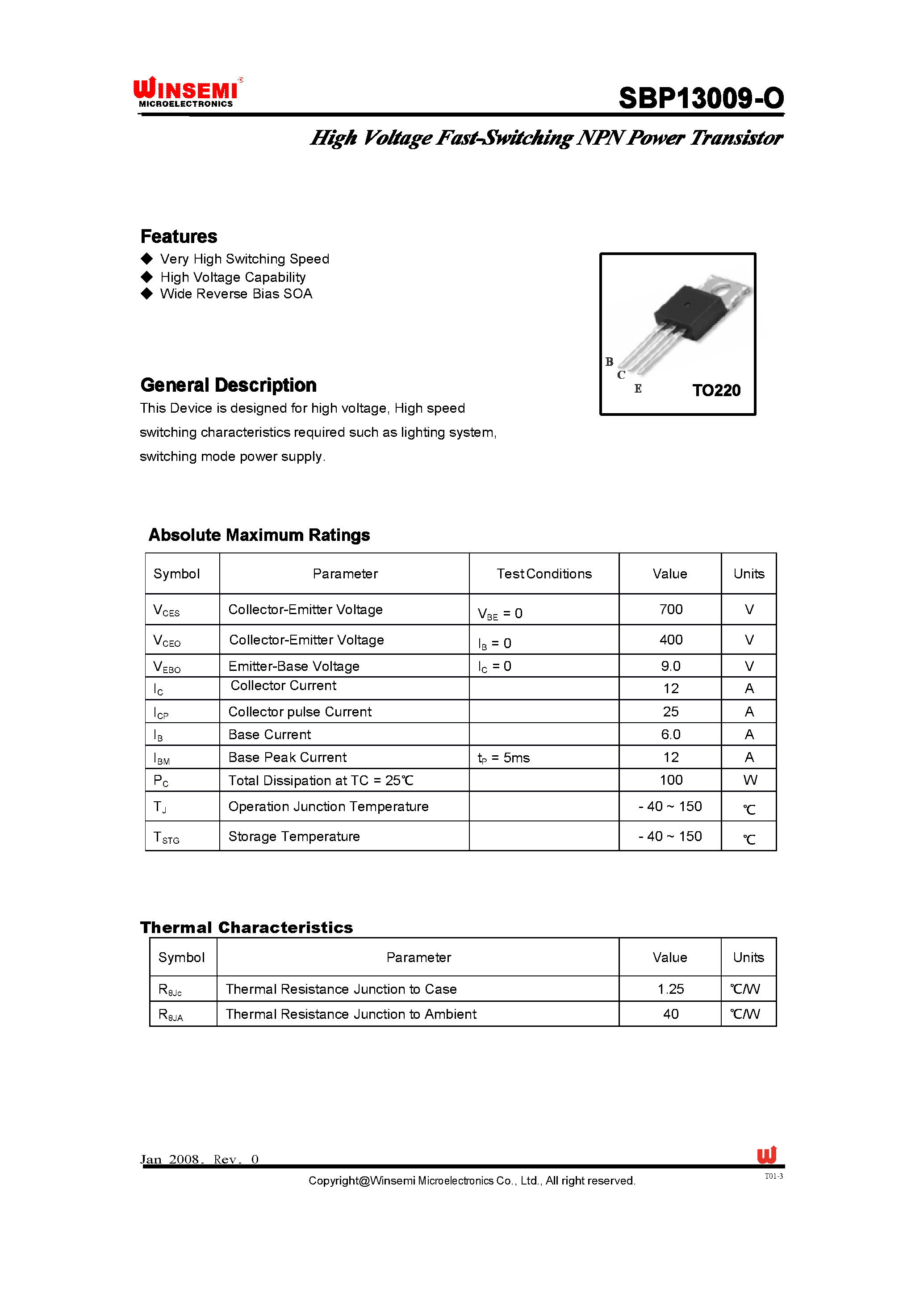 Datasheet SBP13009-O - page 1
