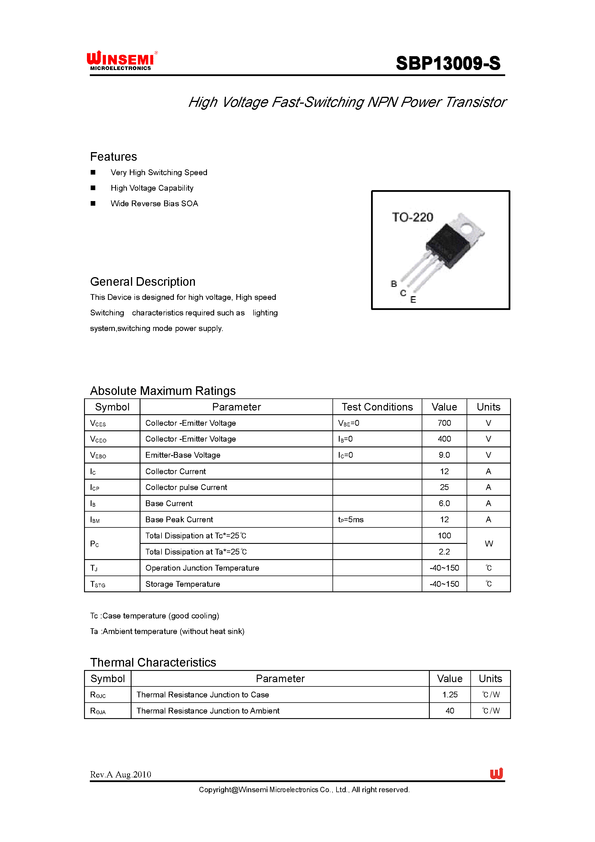 Datasheet SBP13009-S - page 1