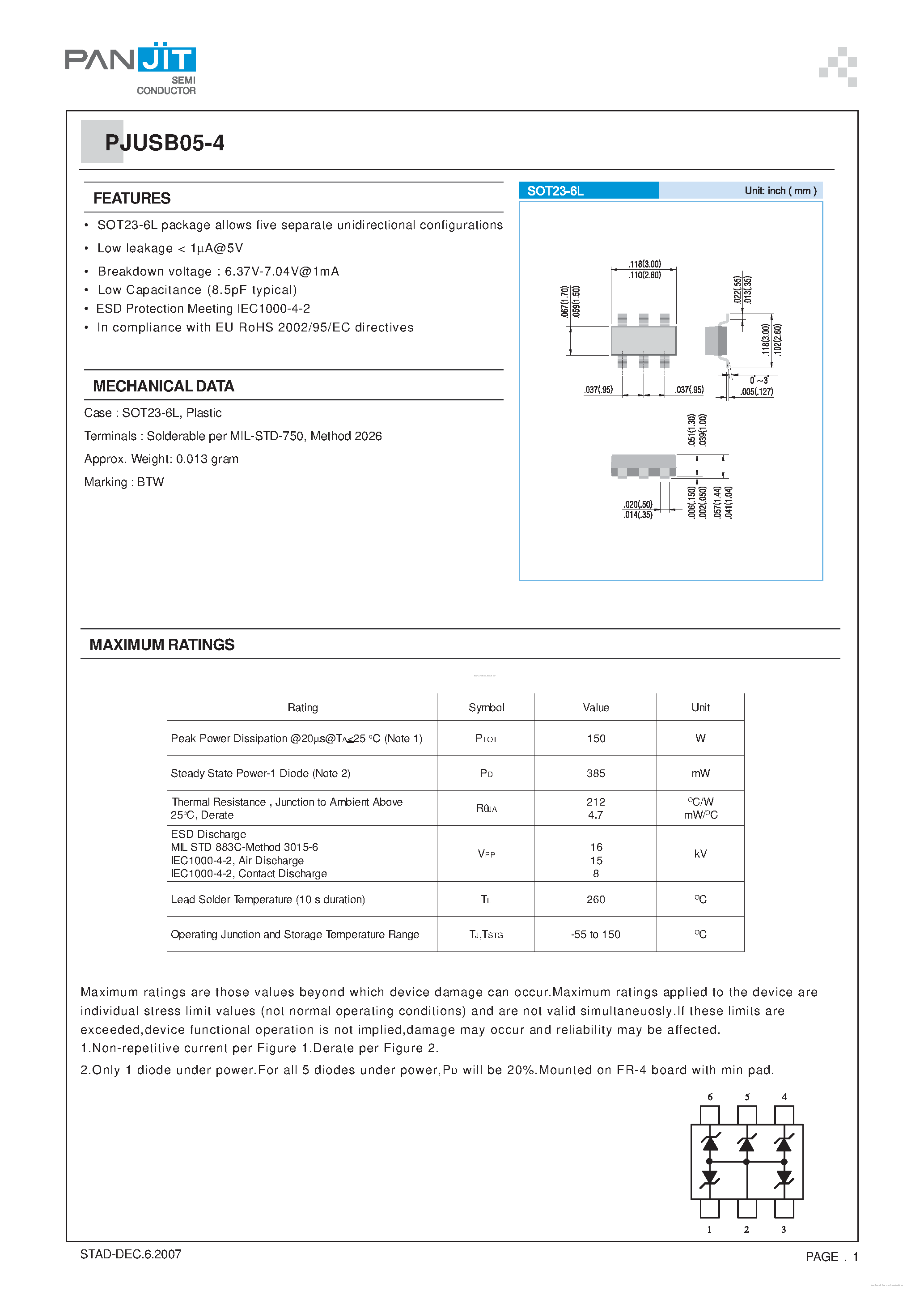 Datasheet PJUSB05-4 page 1 Datasheet PJUSB05-4 - page 1