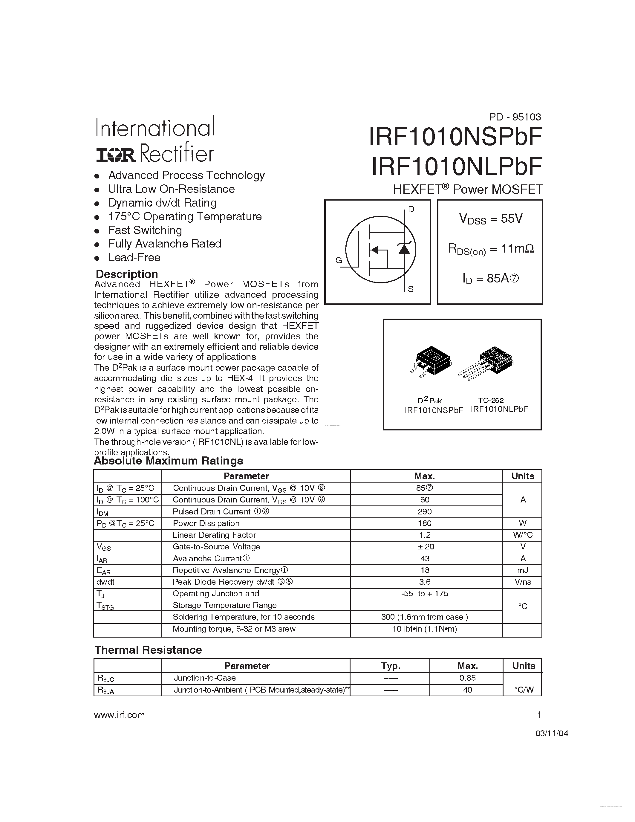 Datasheet IRF1010NLPBF page 1 Datasheet IRF1010NLPBF - page 1