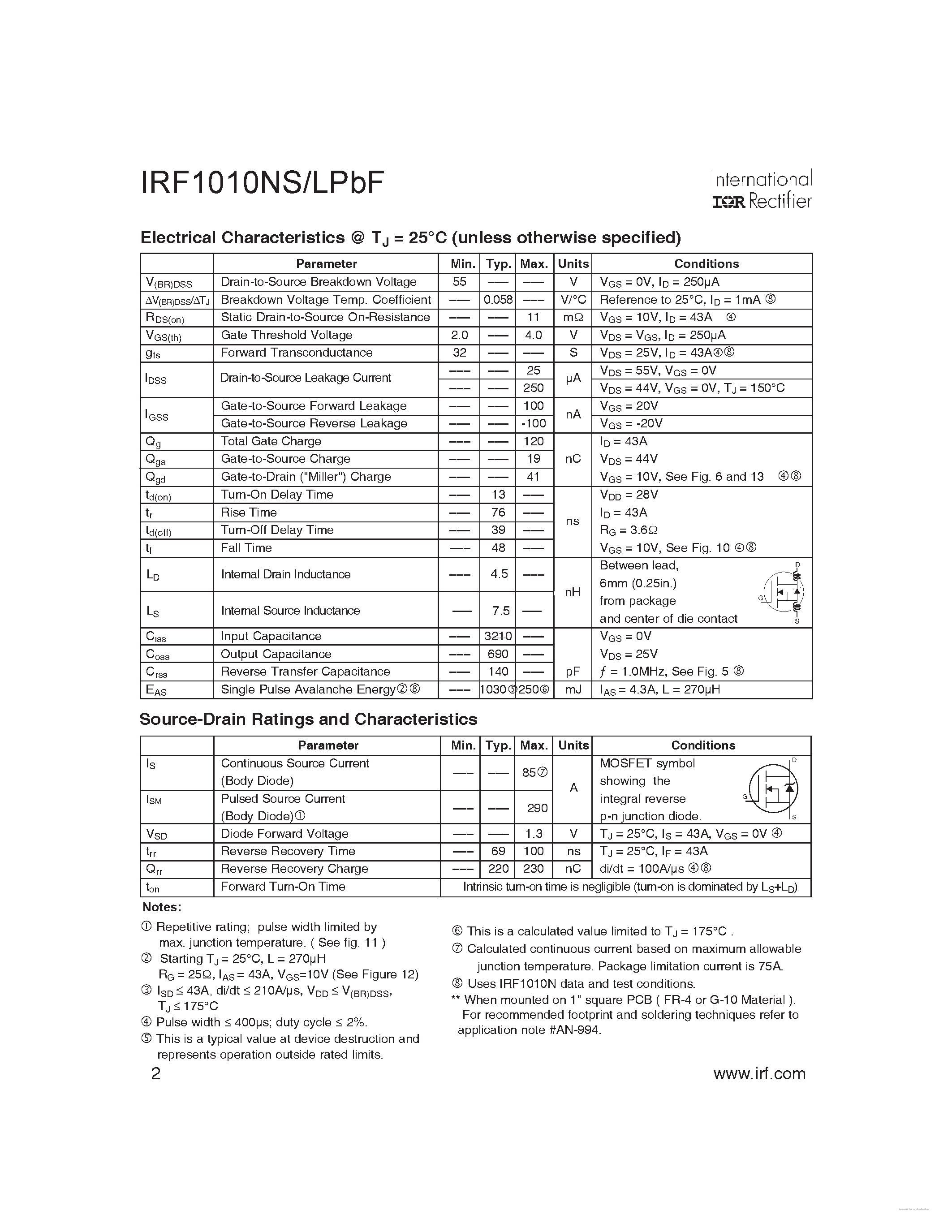 Datasheet IRF1010NLPBF page 2 Datasheet IRF1010NLPBF - page 2