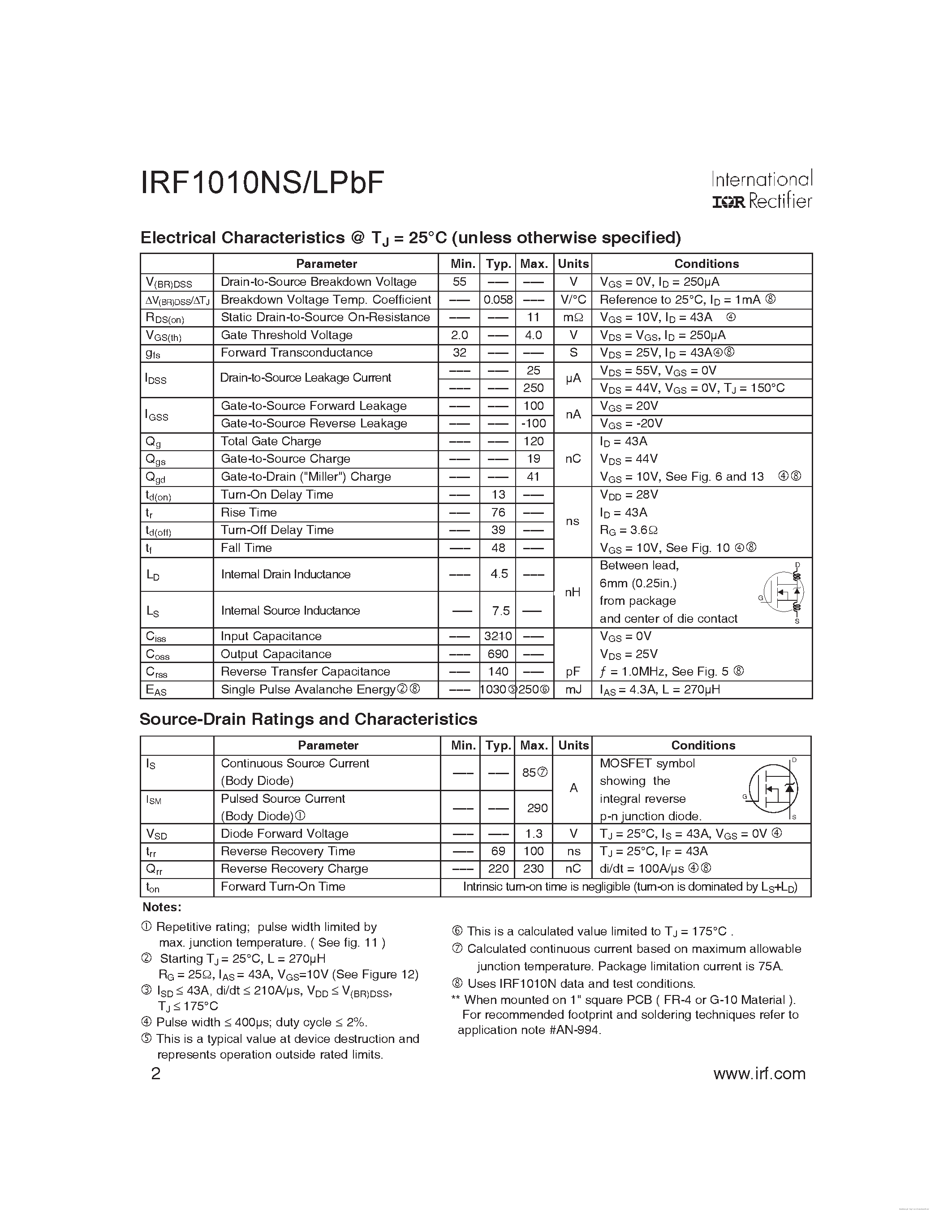 Datasheet IRF1010NLPBF - page 2