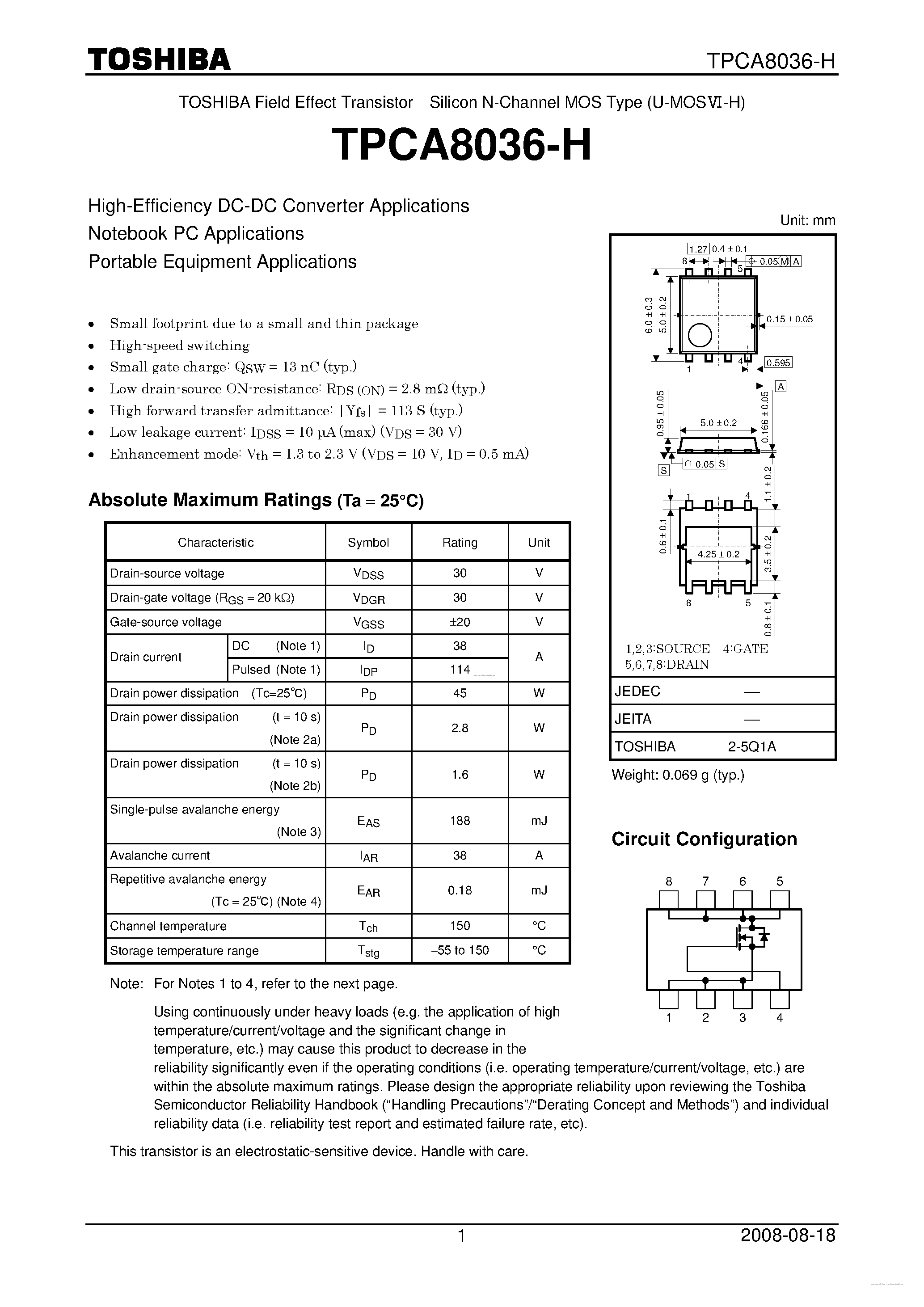 Datasheet TPCA8036-H - page 1
