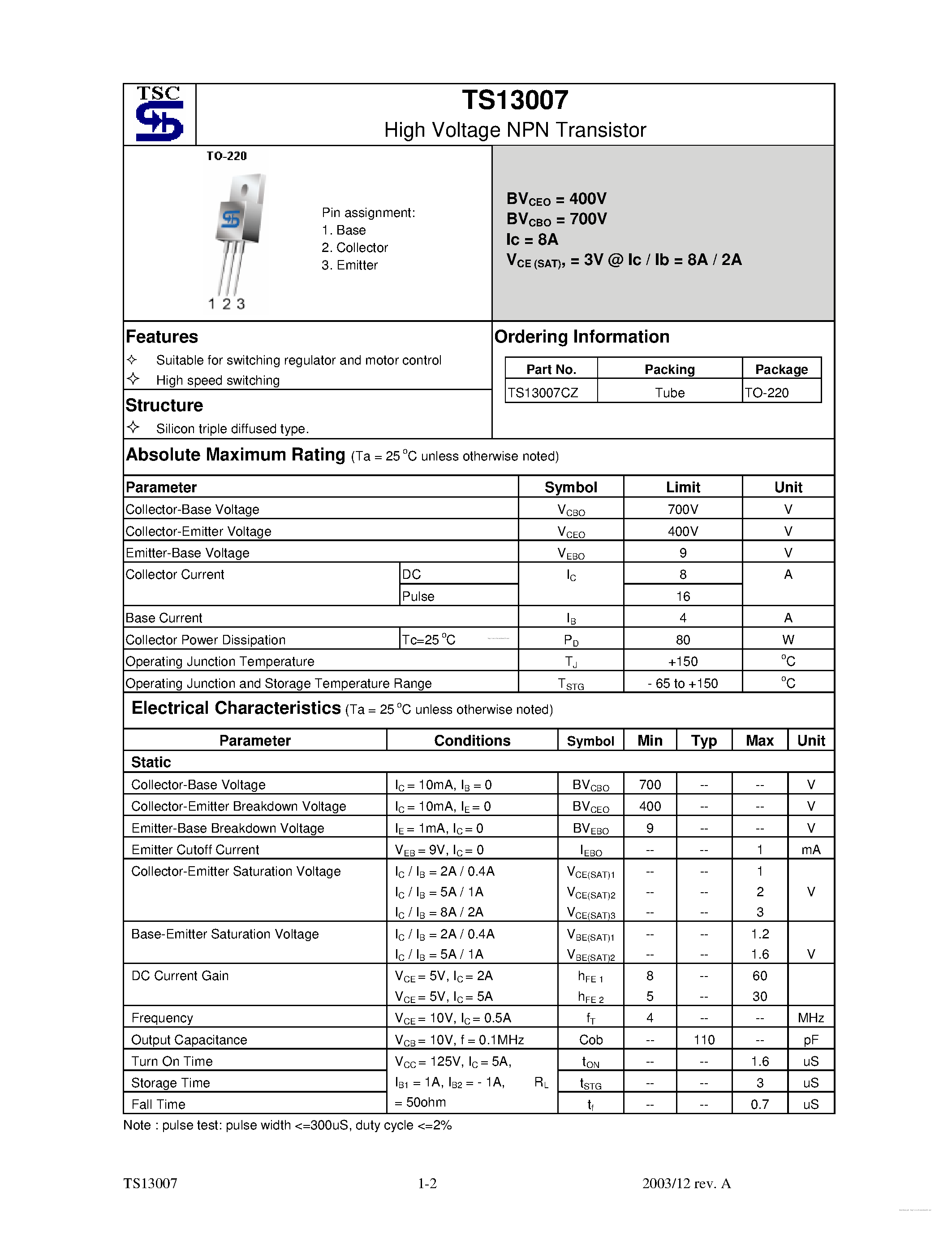 Даташит на микросхему TS13007 страница 1 Даташит TS13007 - страница 1