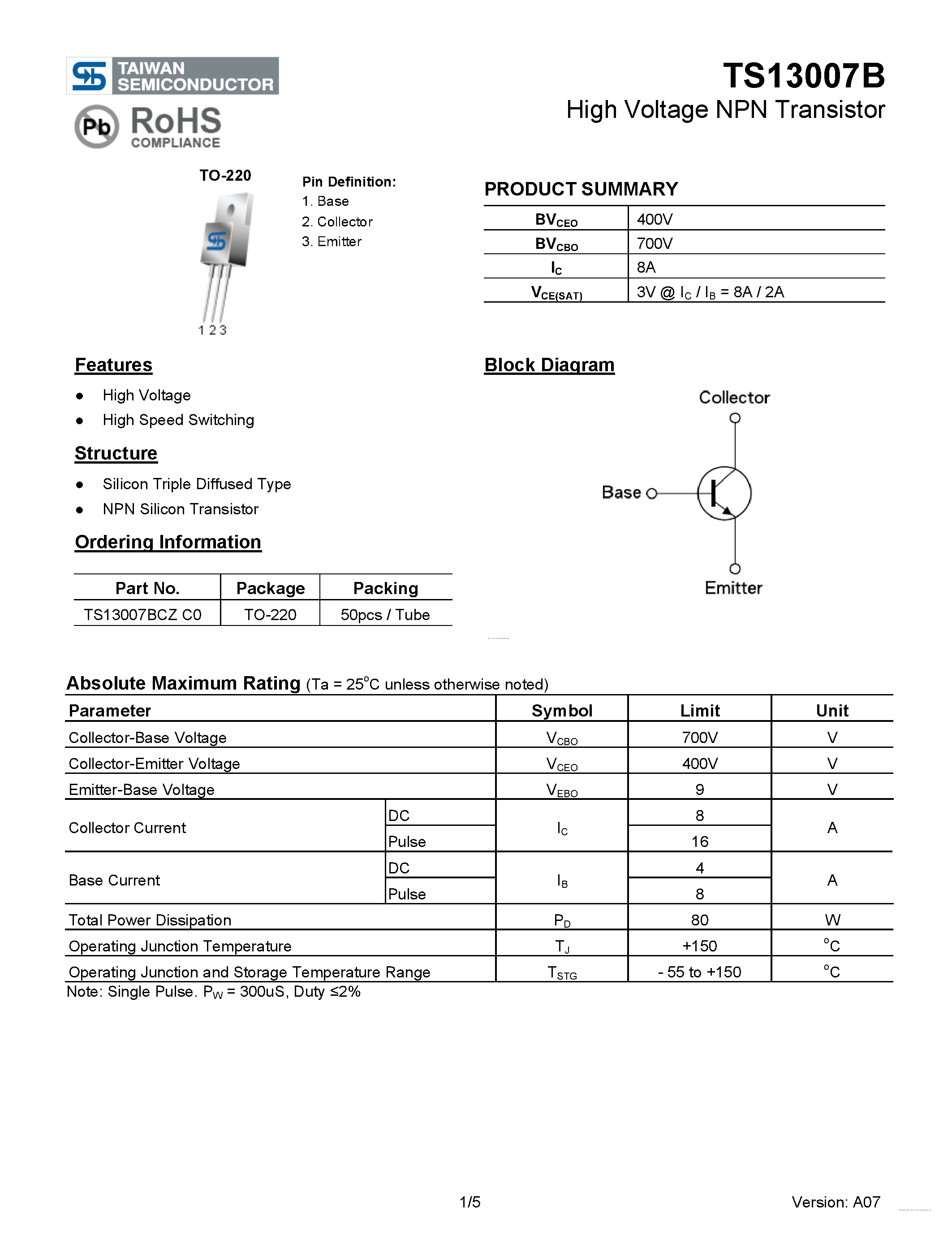 Даташит на микросхему TS13007B страница 1 Даташит TS13007B - страница 1