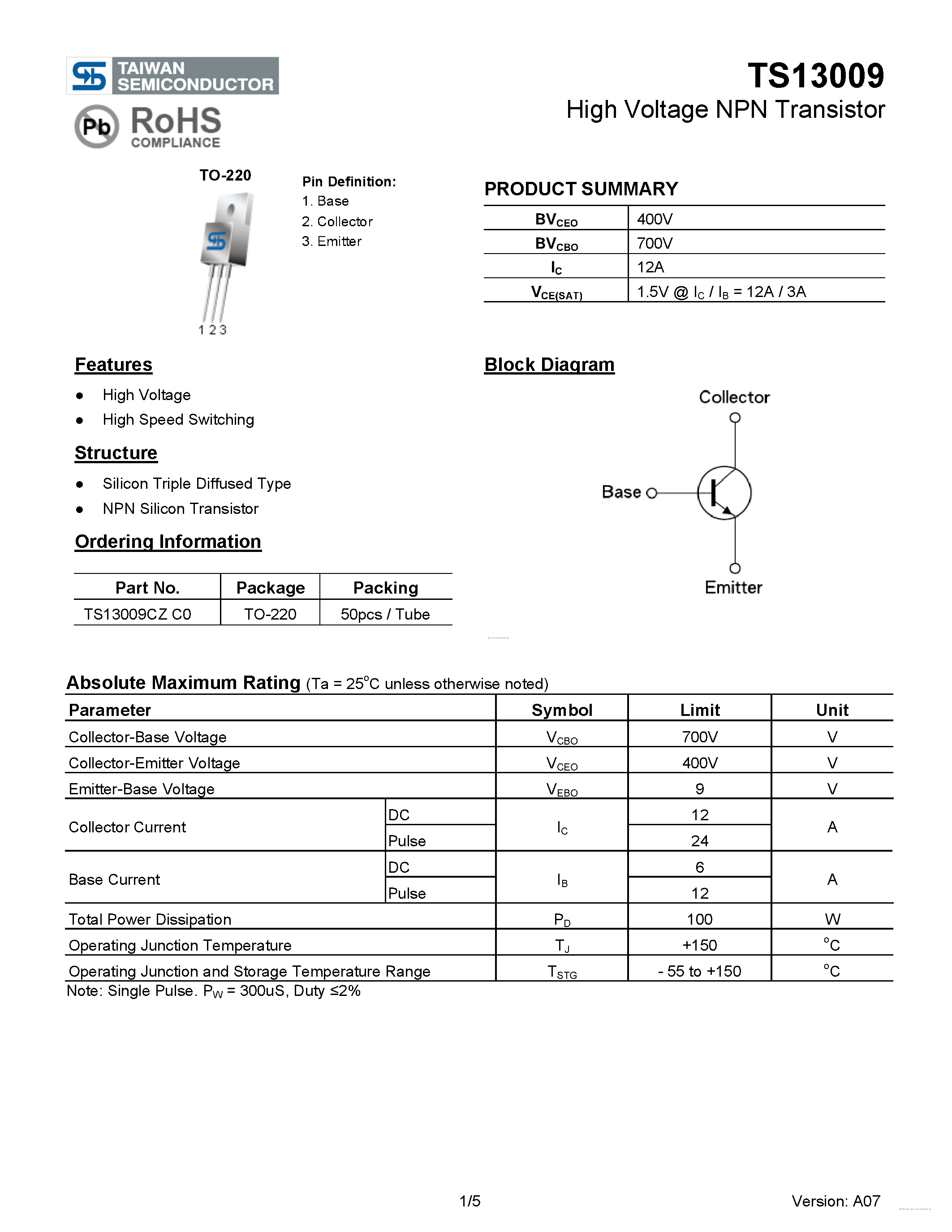 Даташит на микросхему TS13009 страница 1 Даташит TS13009 - страница 1
