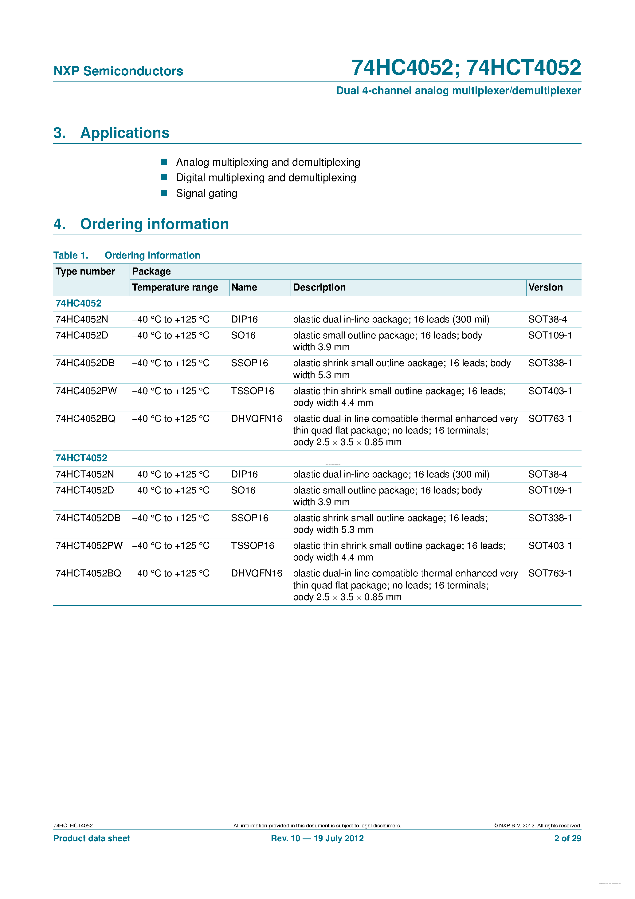 Datasheet 74HC4052 page 2 Datasheet 74HC4052 - page 2