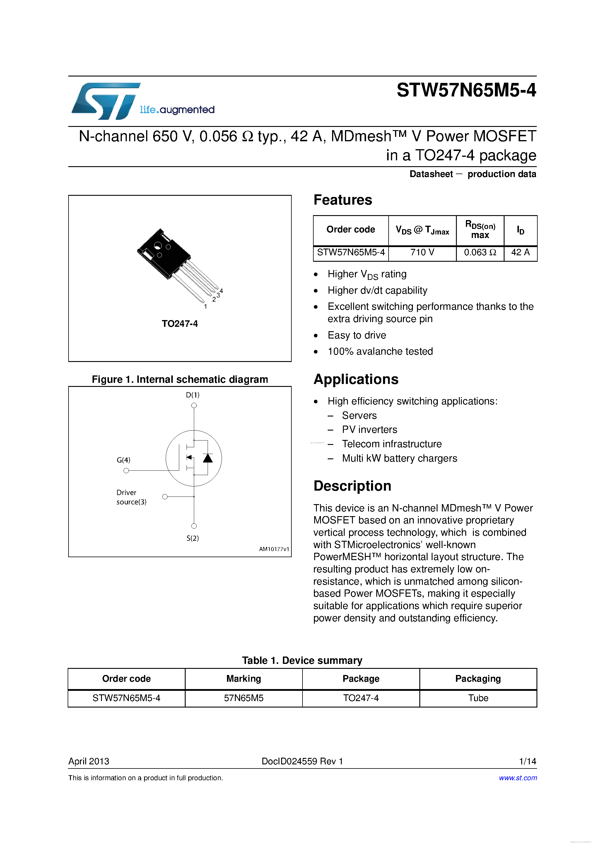 Datasheet STW57N65M5-4 - page 1