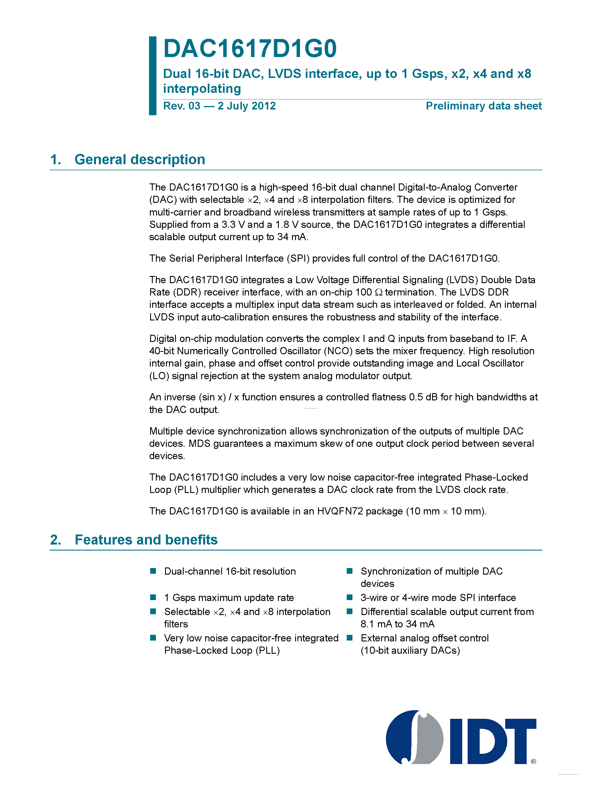 Datasheet DAC1617D1G0 - page 1