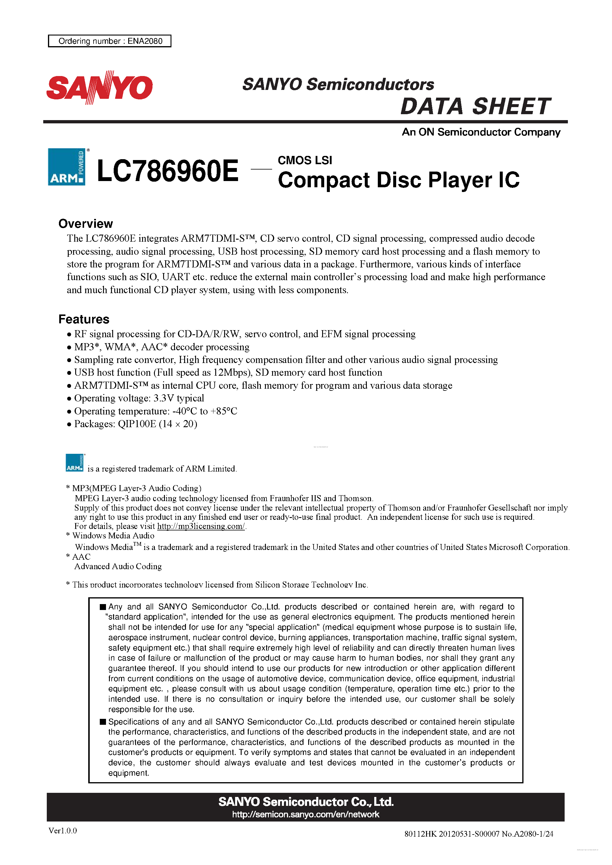 Даташит на микросхему LC786960E страница 1 Даташит LC786960E - страница 1