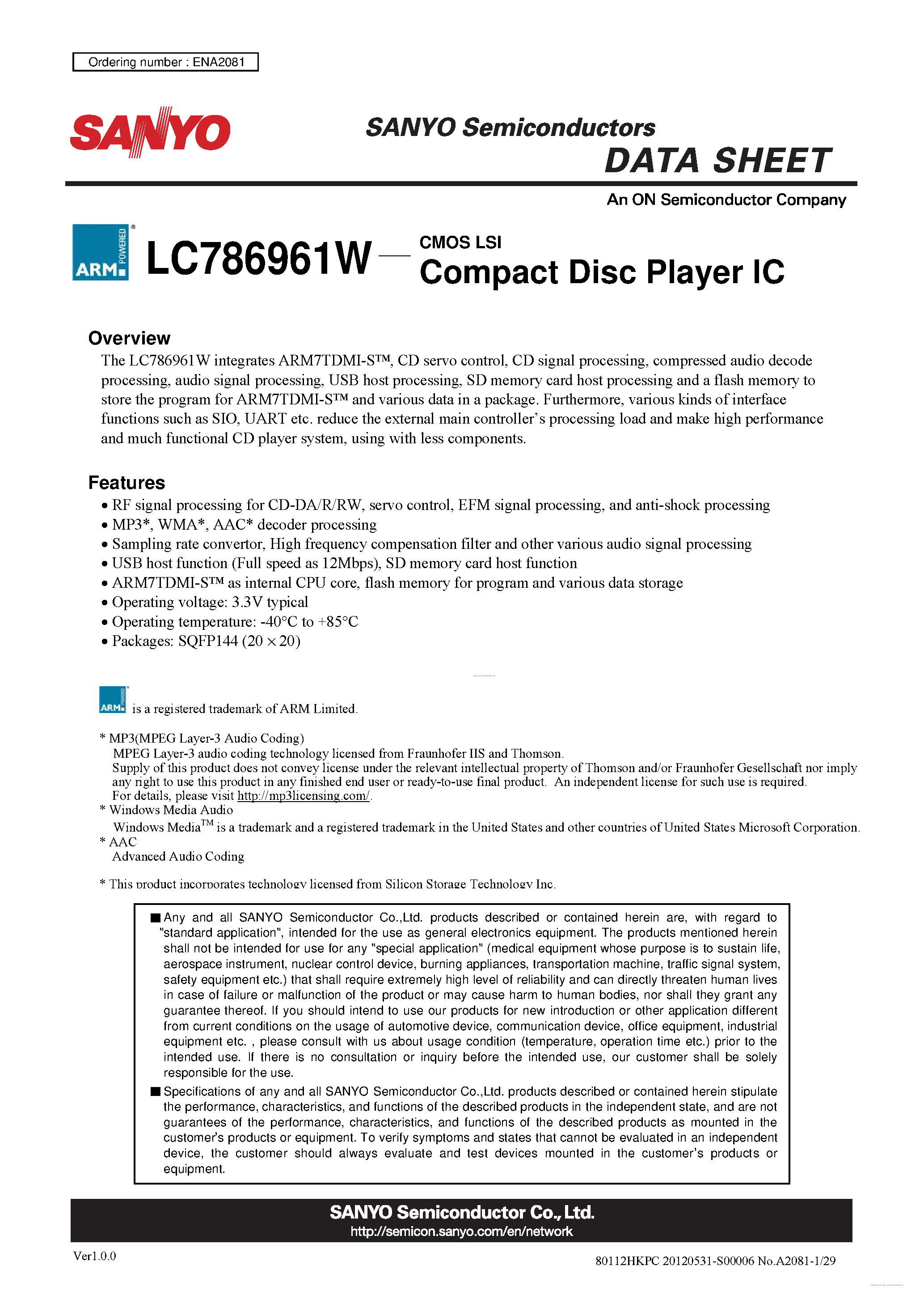 Даташит на микросхему LC786961W страница 1 Даташит LC786961W - страница 1