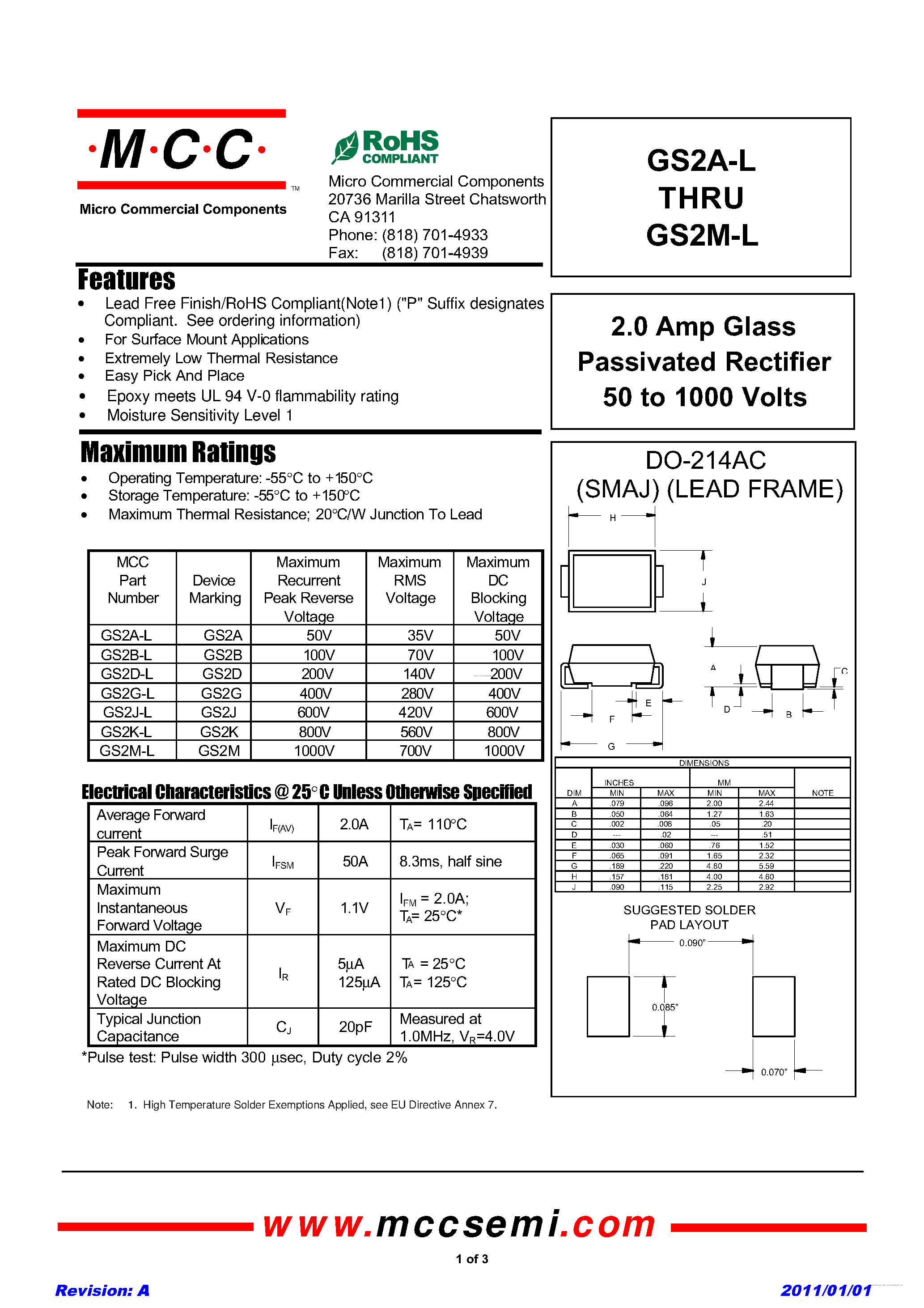 Datasheet GS2A-L page 1 Datasheet GS2A-L - page 1