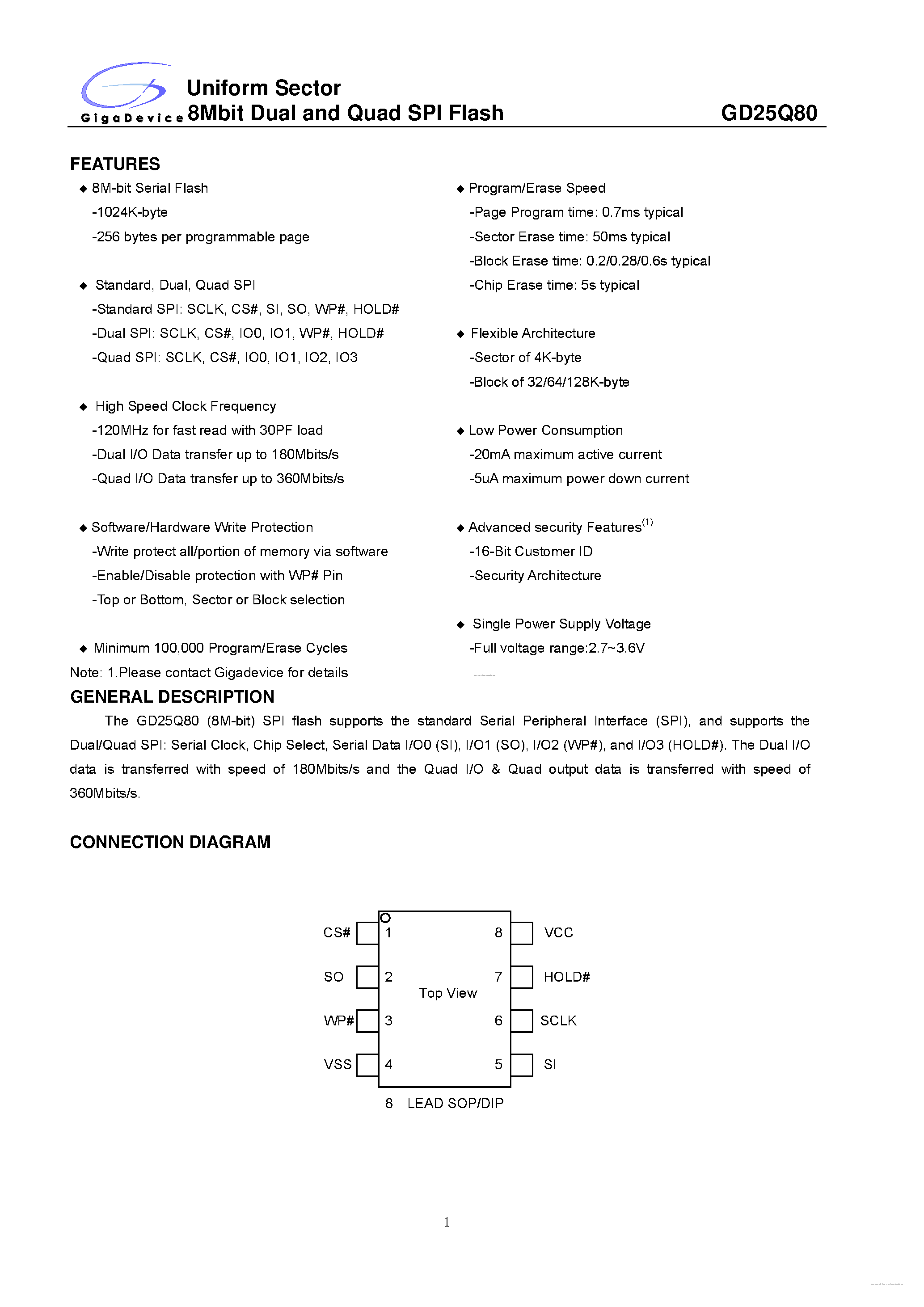 Даташит на микросхему GD25Q80 страница 1 Даташит GD25Q80 - страница 1