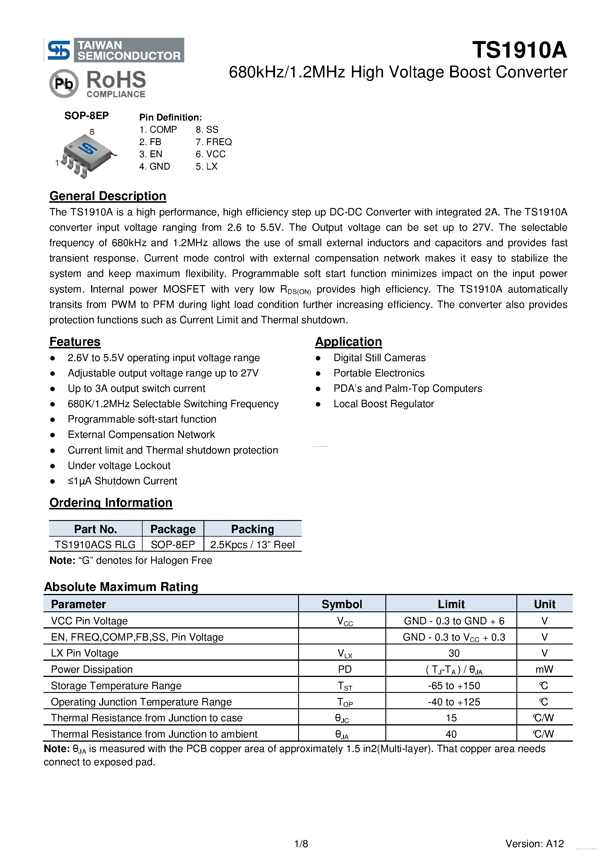 Даташит на микросхему TS1910A страница 1 Даташит TS1910A - страница 1