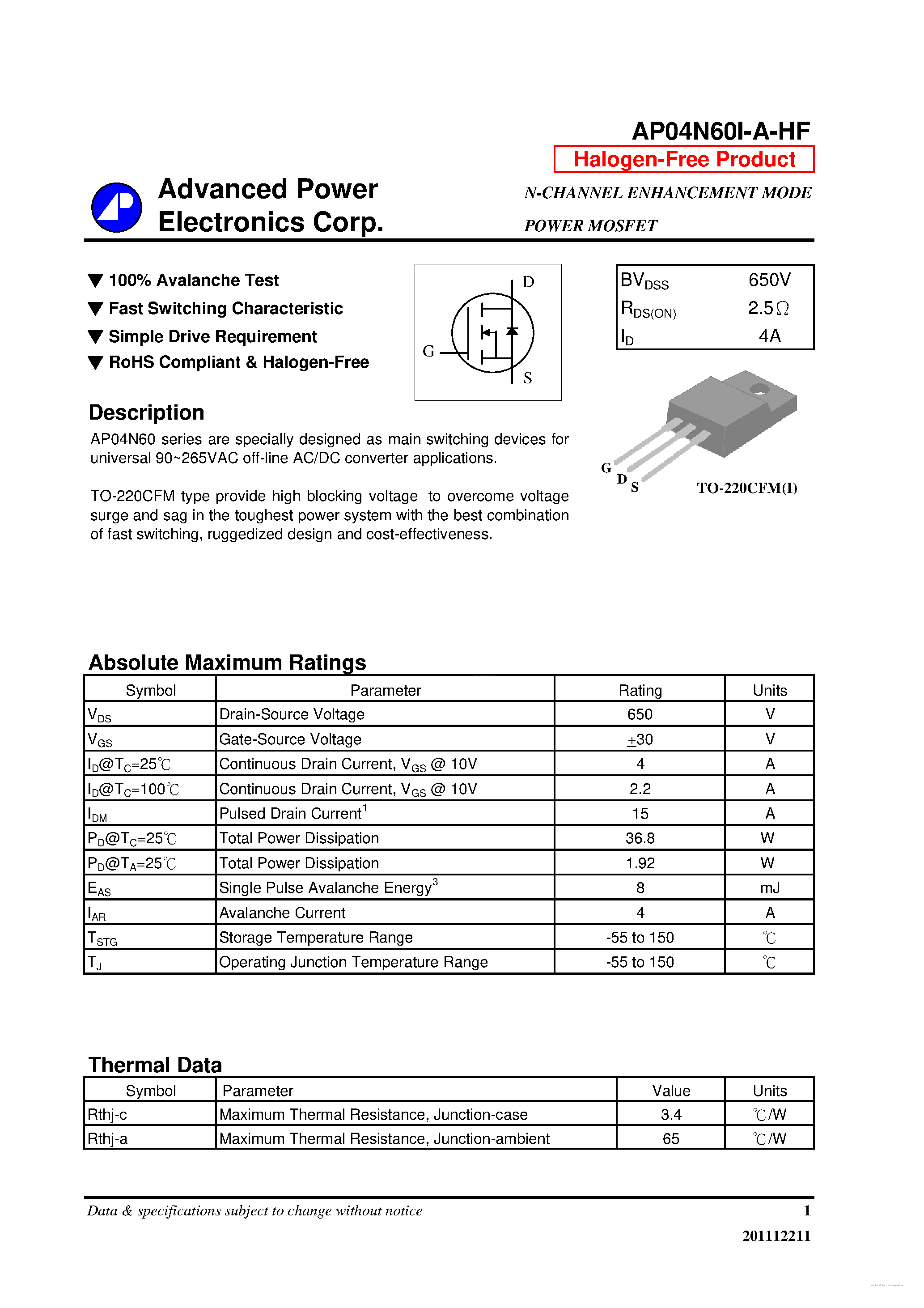 Datasheet AP04N60I-A-HF page 1 Datasheet AP04N60I-A-HF - page 1