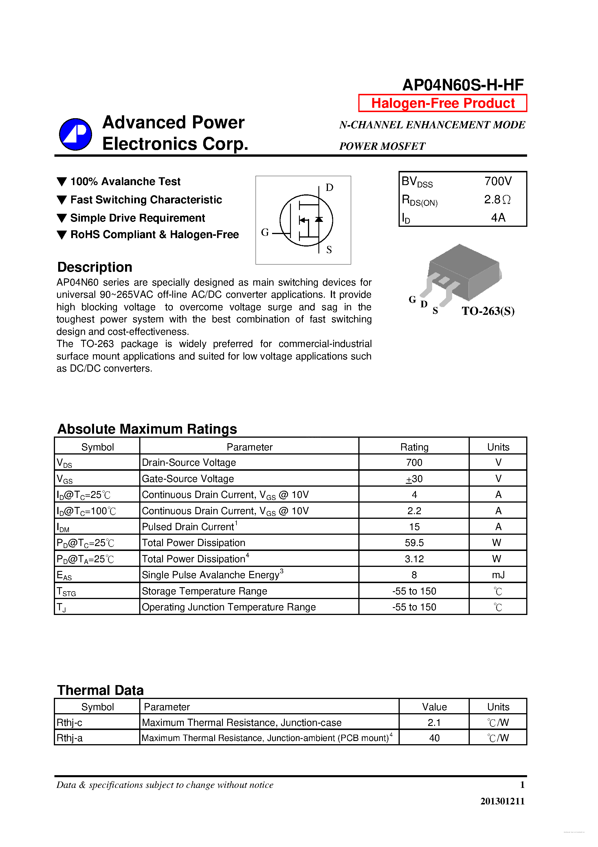 Datasheet AP04N60S-H-HF page 1 Datasheet AP04N60S-H-HF - page 1