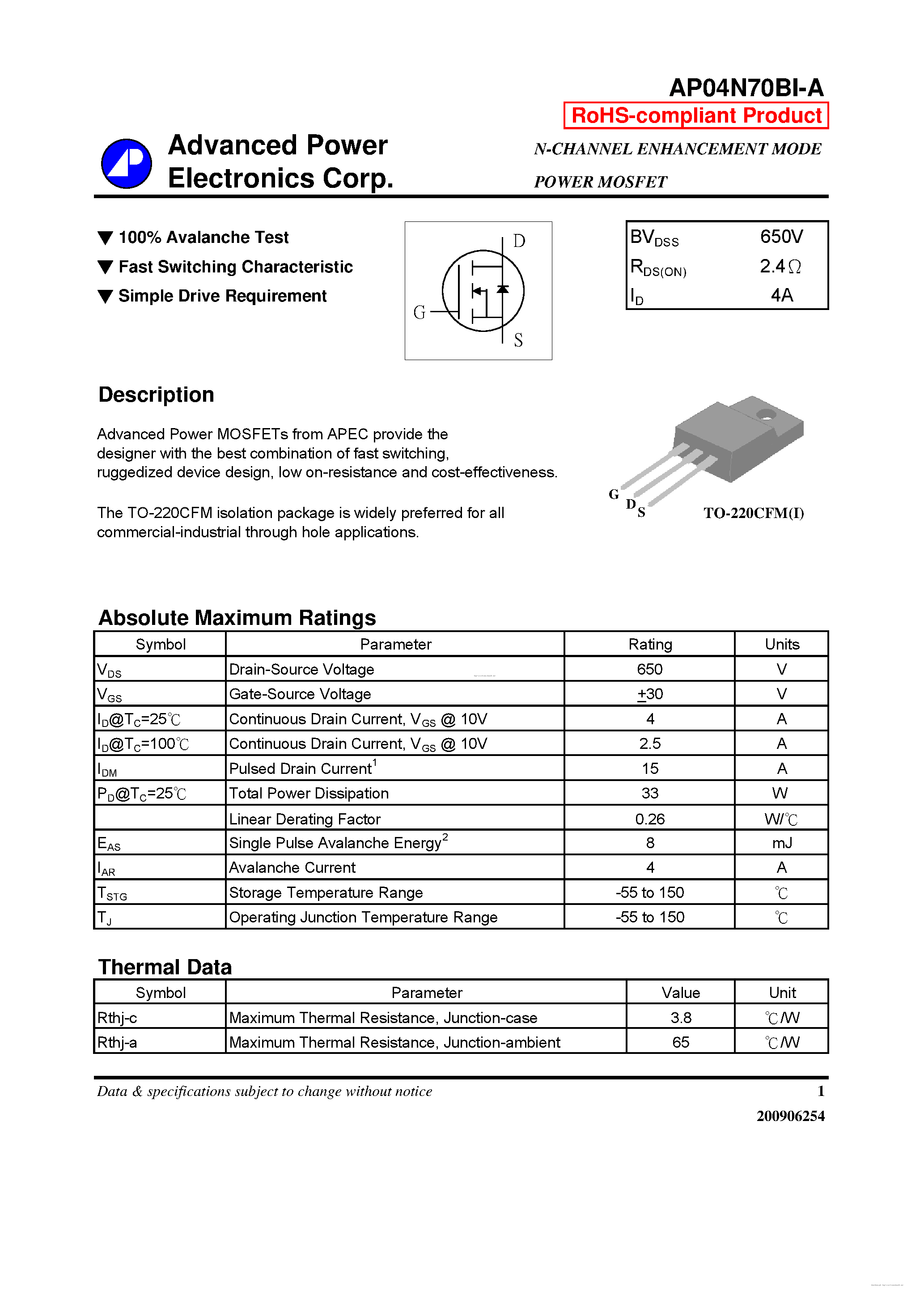 Datasheet AP04N70BI-A - page 1