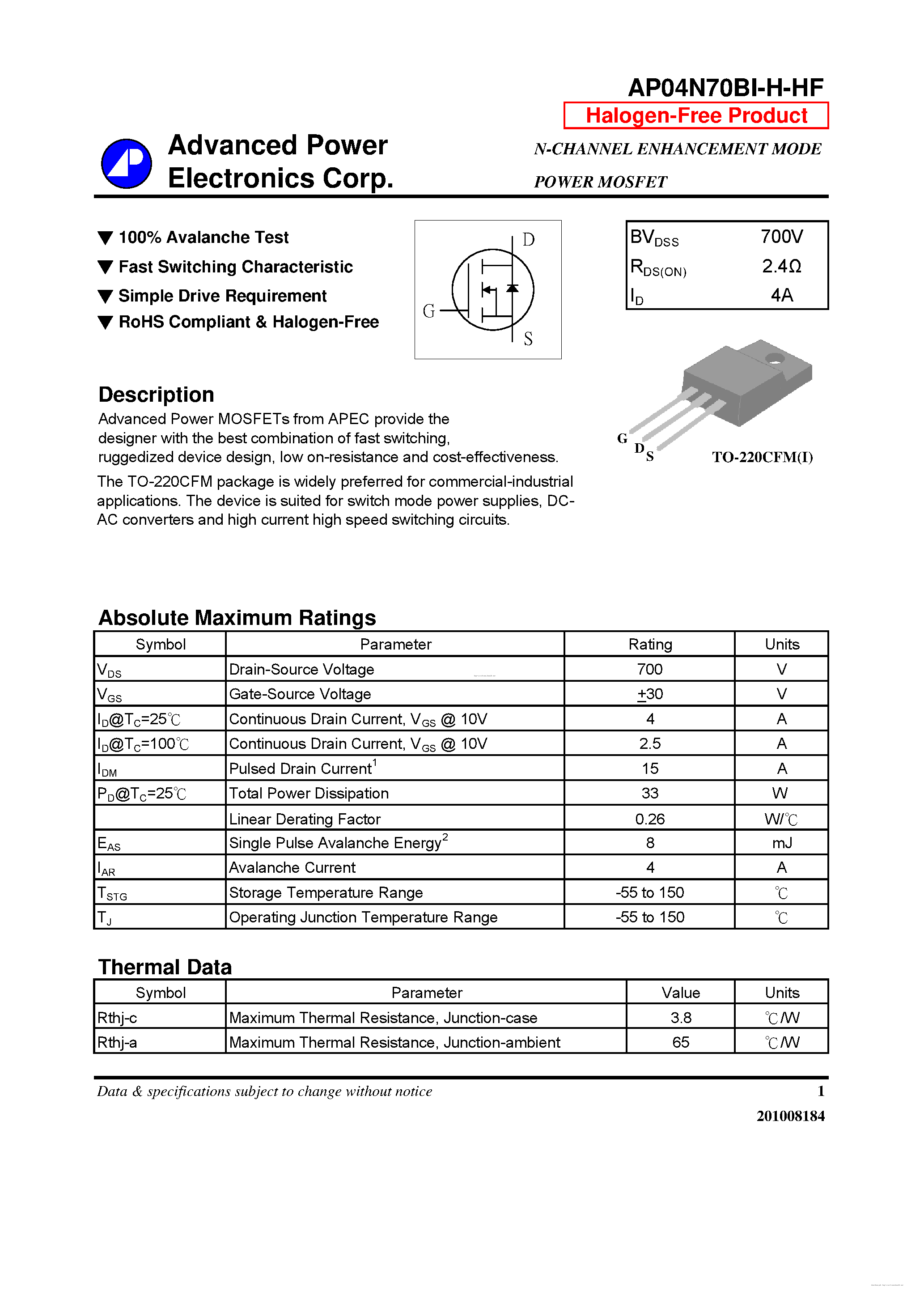 Datasheet AP04N70BI-H-HF page 1 Datasheet AP04N70BI-H-HF - page 1