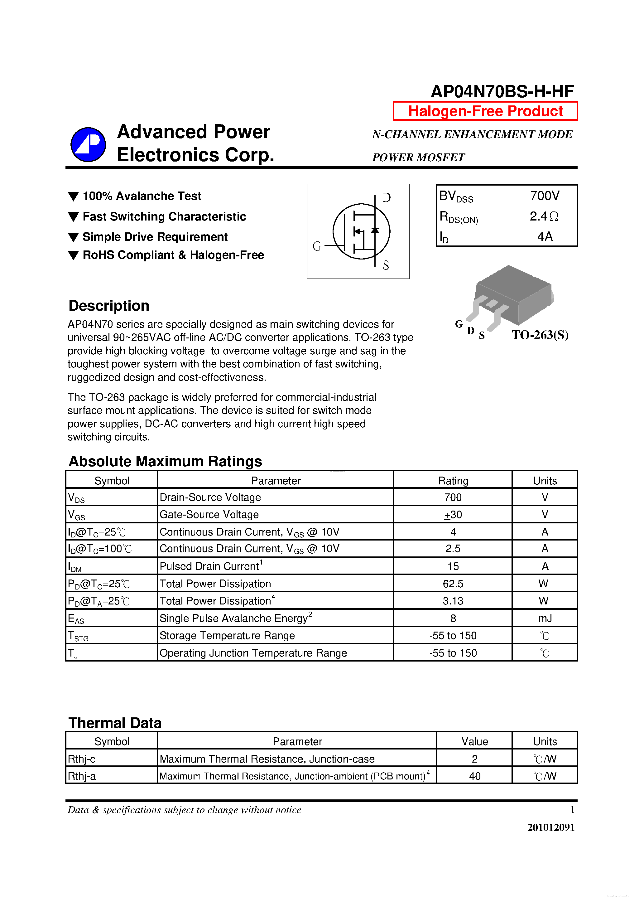 Даташит на микросхему AP04N70BS-H-HF страница 1 Даташит AP04N70BS-H-HF - страница 1