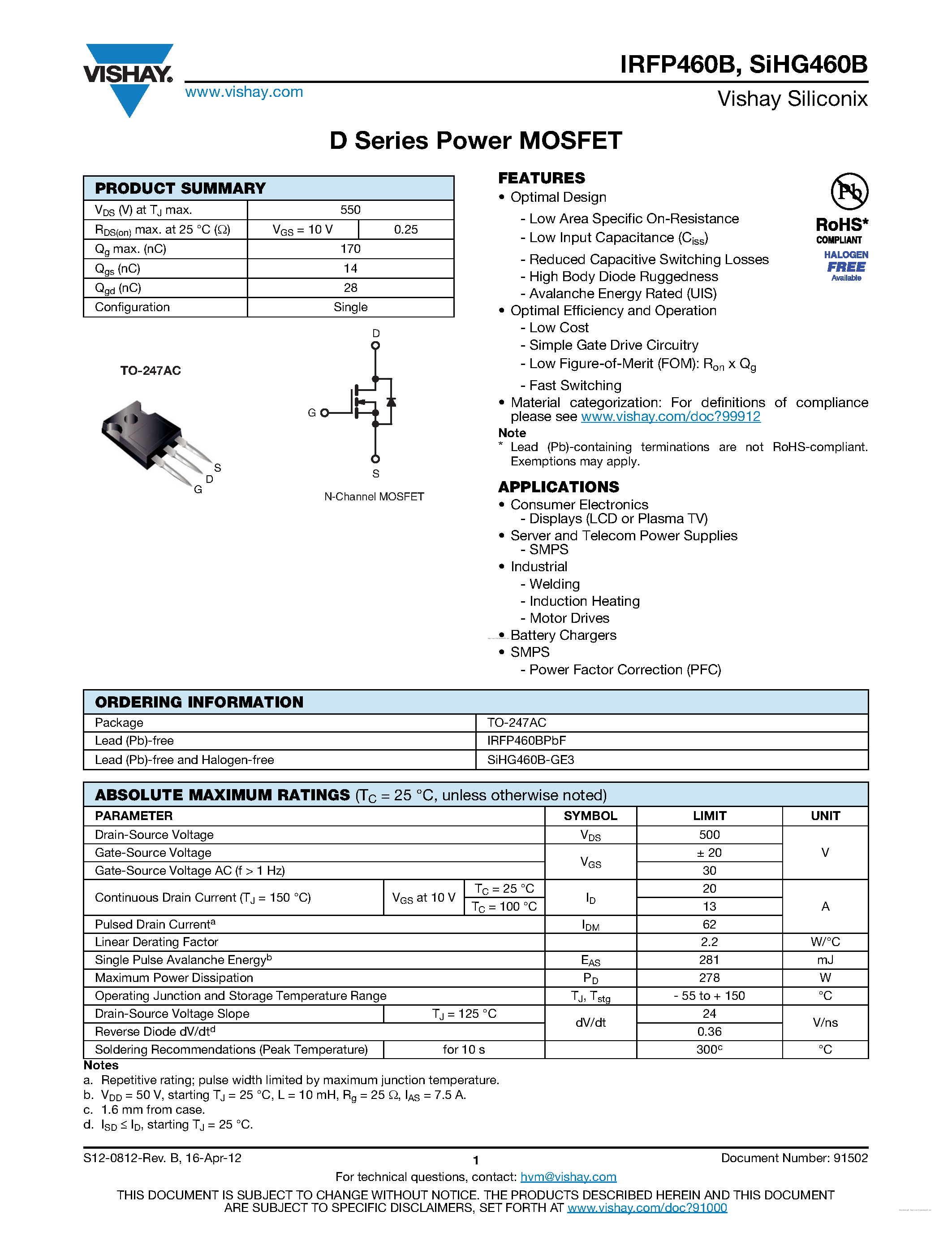 Datasheet IRFP460B page 1 Datasheet IRFP460B - page 1