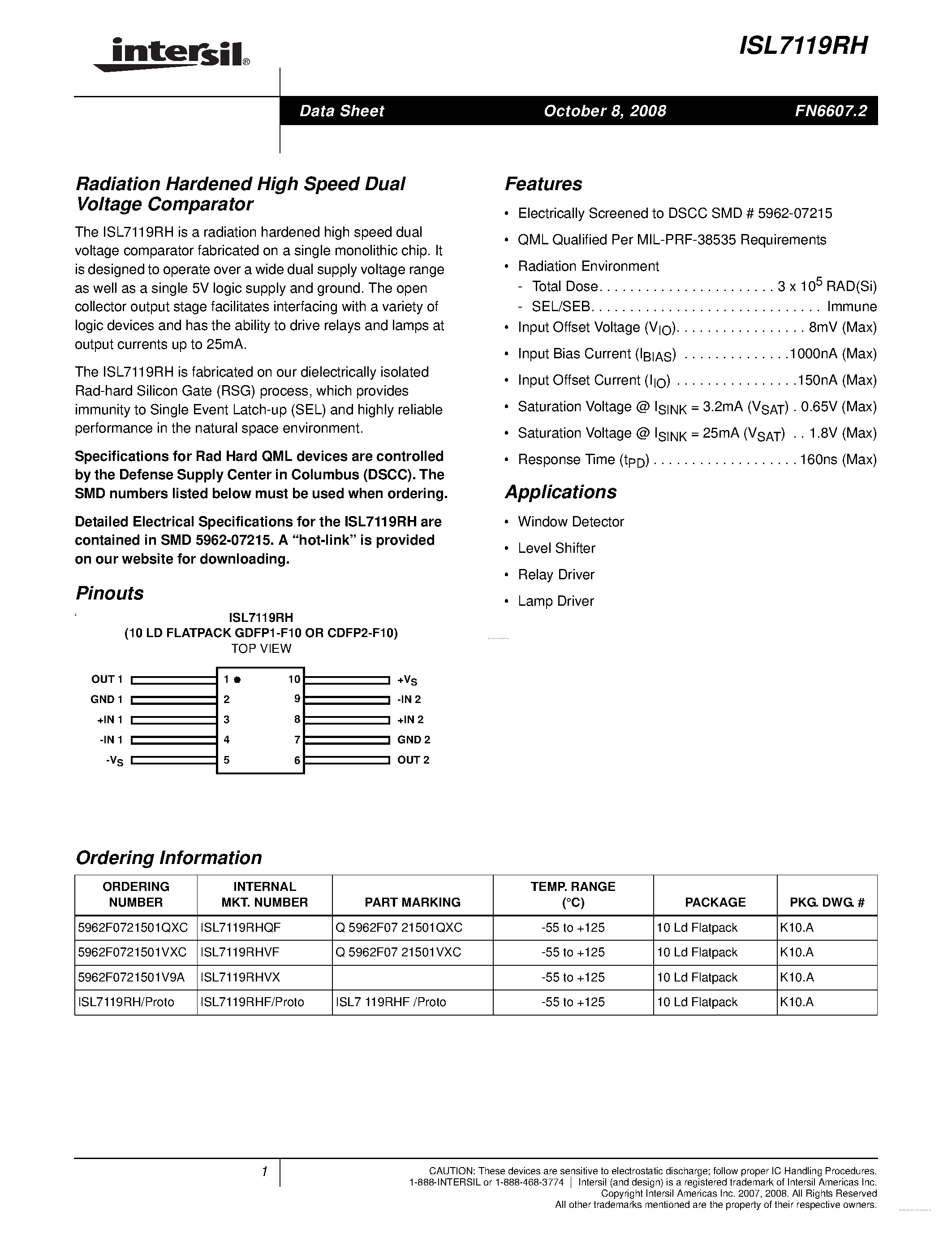 Datasheet ISL7119RH page 1 Datasheet ISL7119RH - page 1
