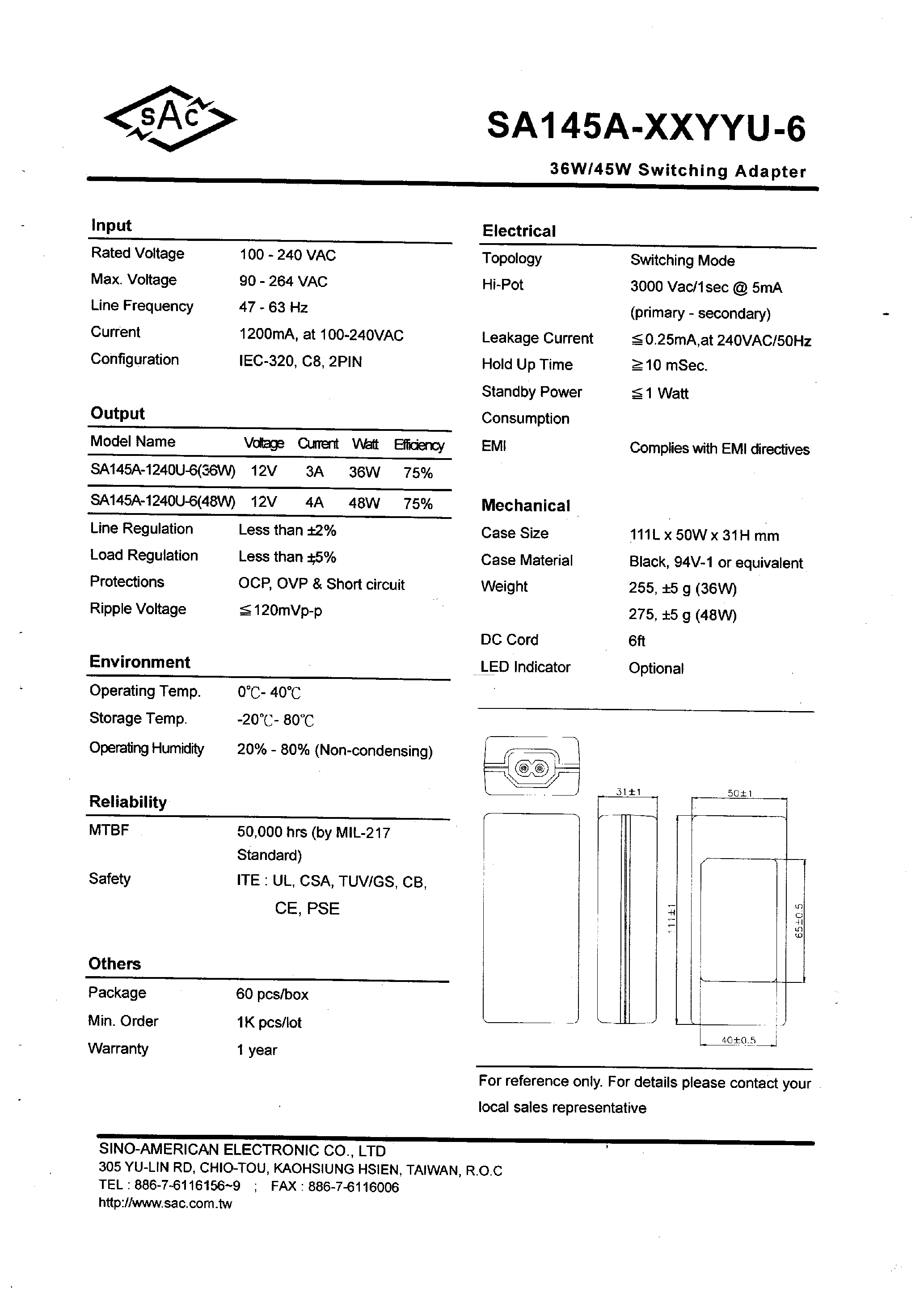 Datasheet SA145A-1240U-6 - page 1