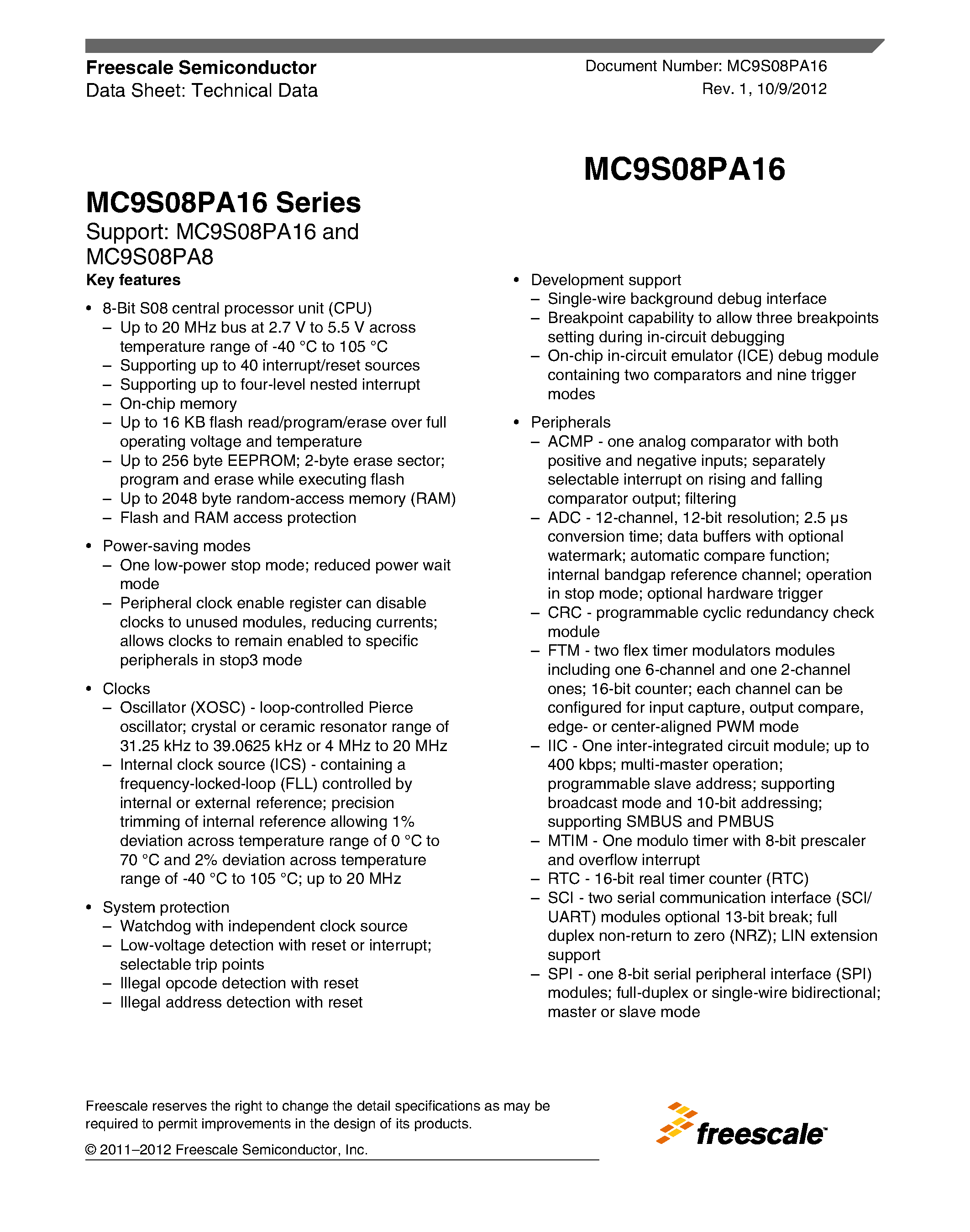 Даташит MC9S08PA16 - страница 1