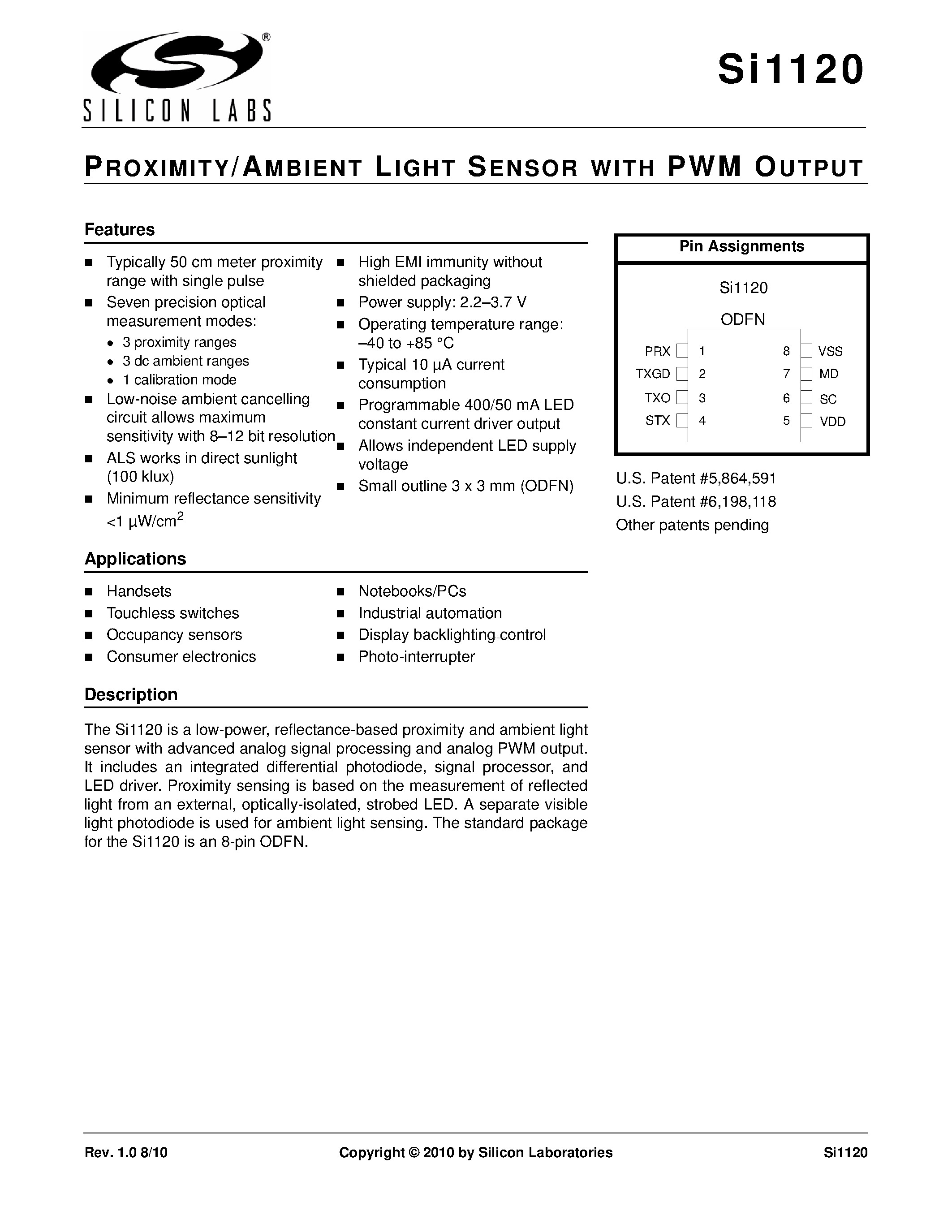 Даташит на микросхему SI1120 страница 1 Даташит SI1120 - страница 1