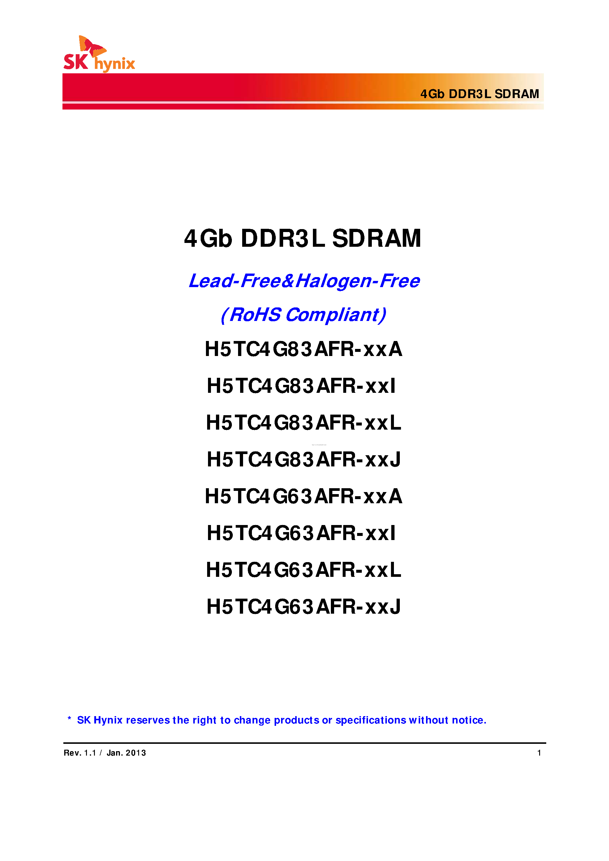 Даташит на микросхему H5TC4G63AFR-xxA страница 1 Даташит H5TC4G63AFR-xxA - страница 1