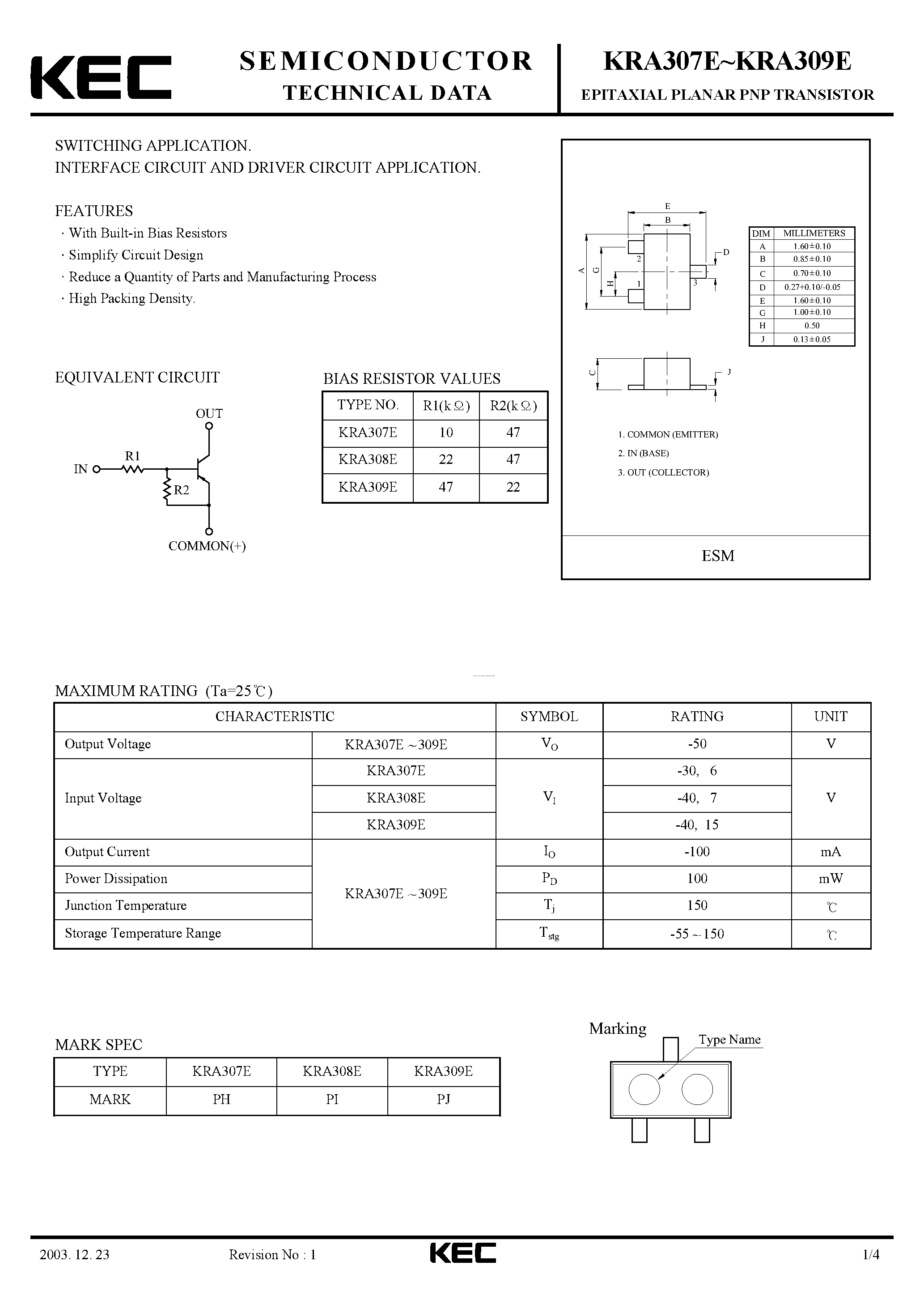 Datasheet KRA307E - page 1