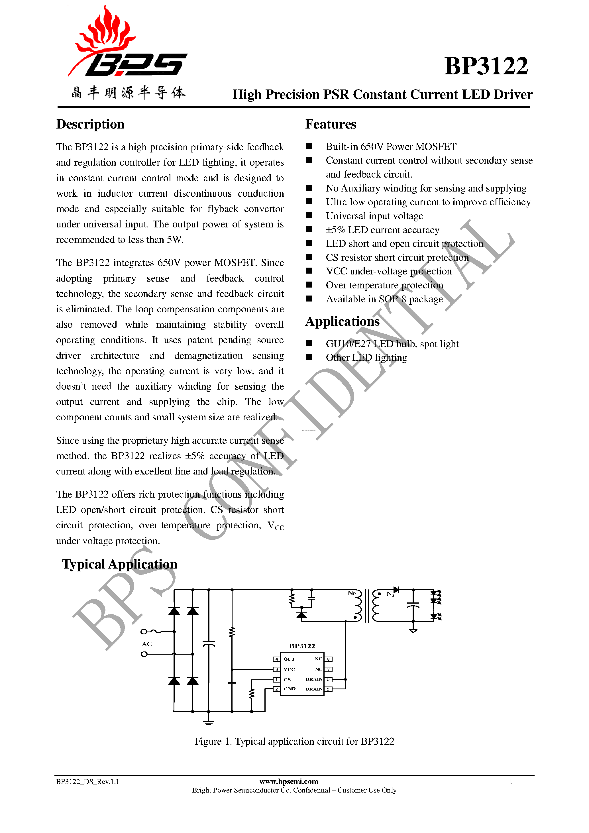 Даташит на микросхему BP3122 страница 1 Даташит BP3122 - страница 1