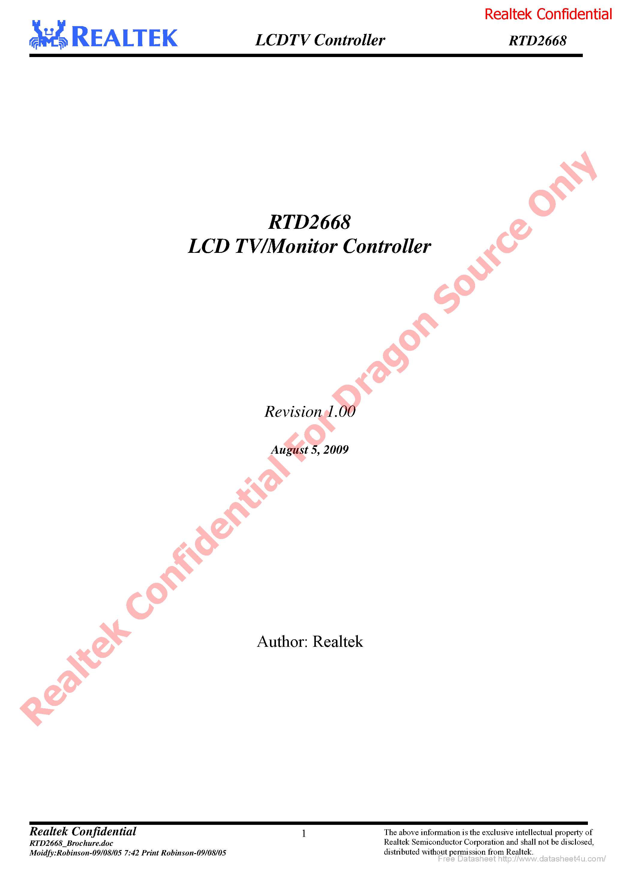 Даташит на микросхему RTD2668 страница 1 Даташит RTD2668 - страница 1