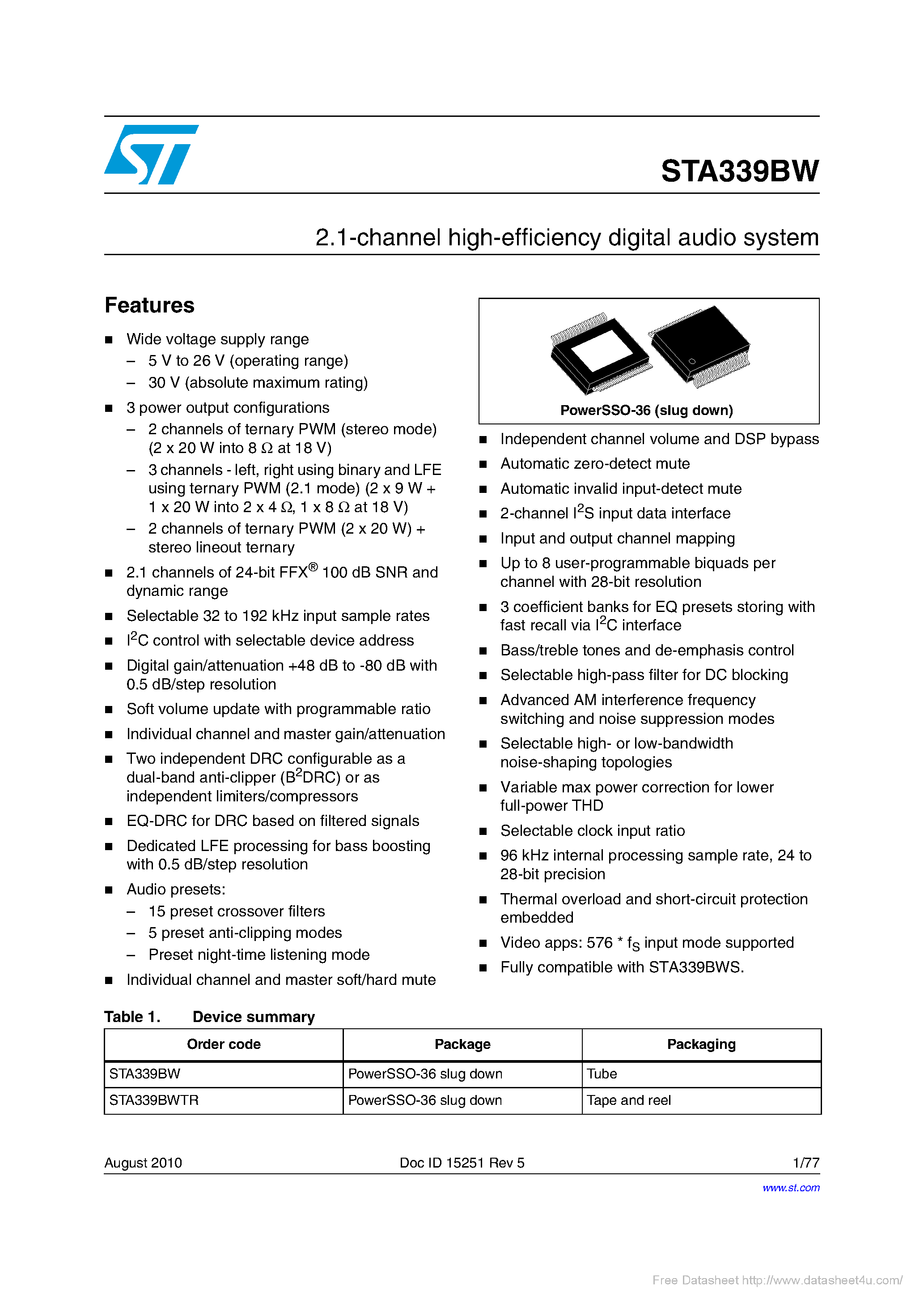 Datasheet STA339BW page 1 Datasheet STA339BW - page 1