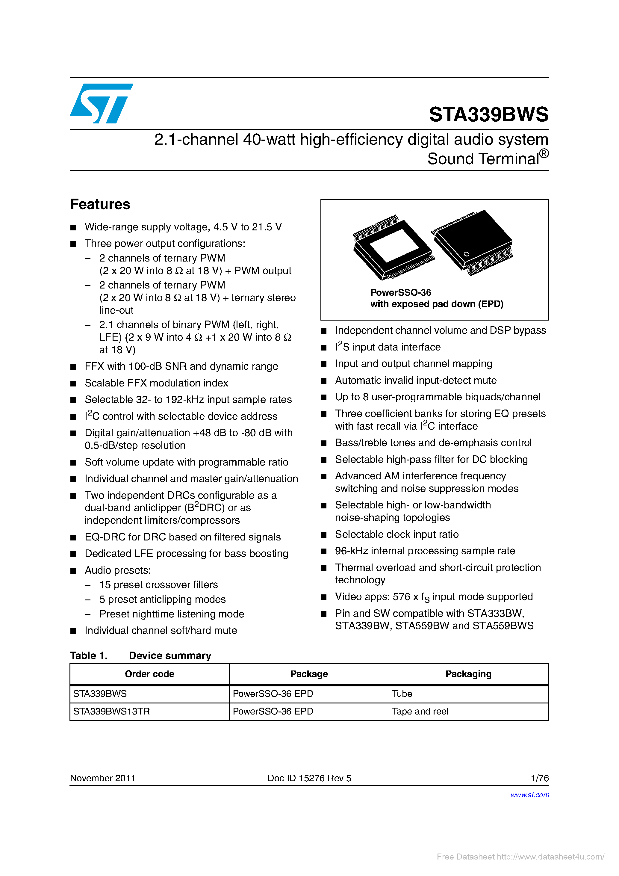 Datasheet STA339BWS - page 1